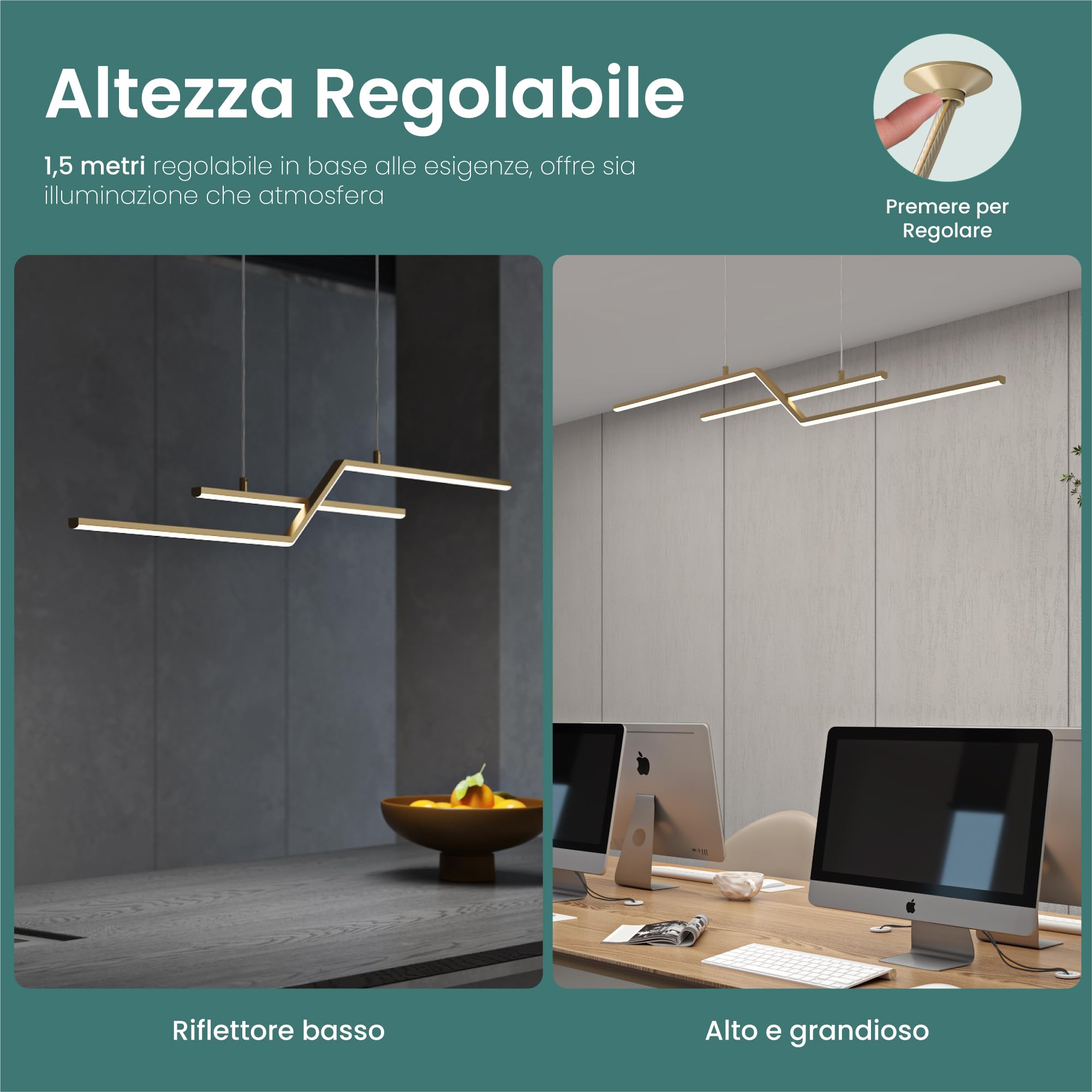 Mai & Mai Lampadario Sospensione 24W, 105 CM, Lunghezza Filo 150 CM, Oro | Metallo Base, Altezza regolabile, Lampada da Soffitto a Sospensione per Camera da Letto, Cucina e Soggiorno, Oro, Luvina10