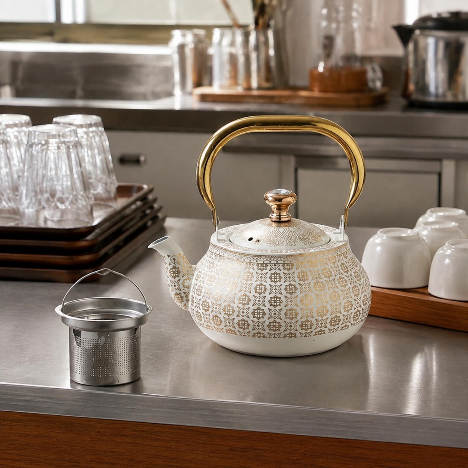 Tetera Acero Inoxidable con Filtro Té Integrado Acabado Horneado a Alta Temperatura y Asa Arqueada para Ceremonias Té y Uso Diario en Cocinas Elegantes, 1.5L