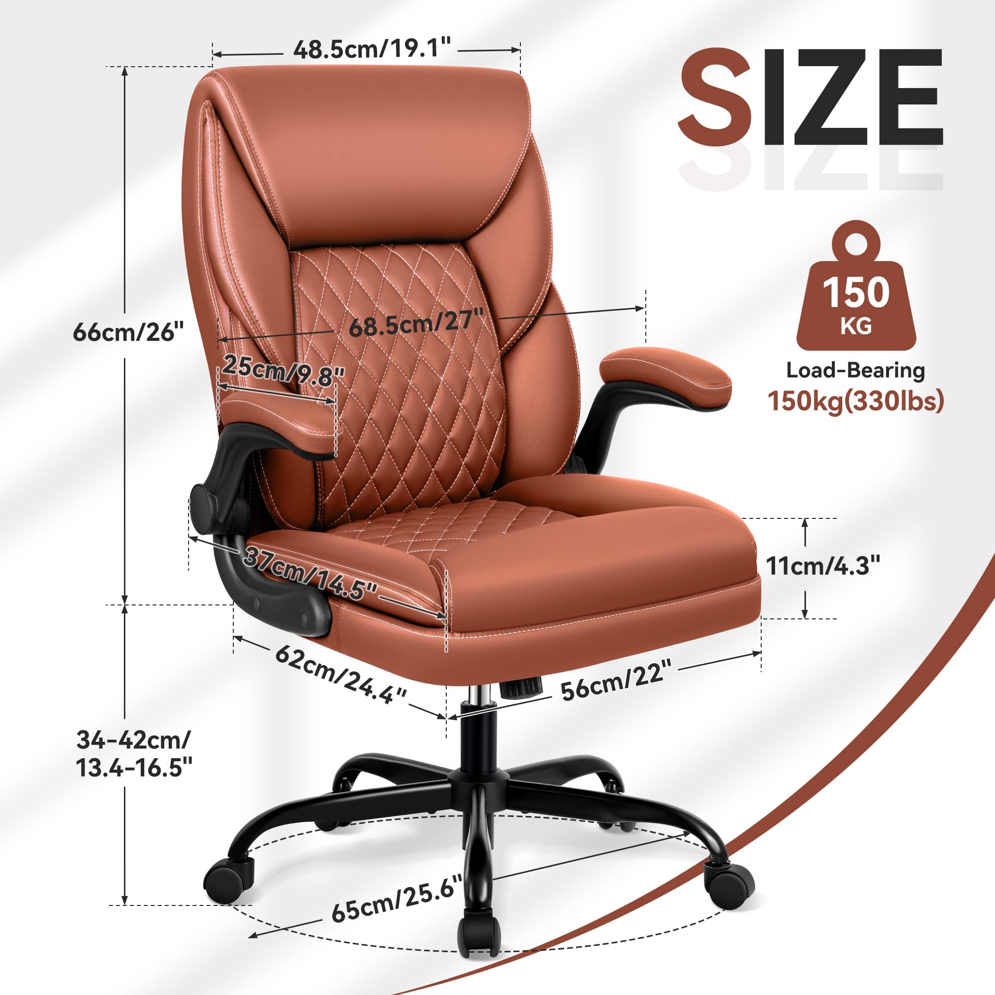 Sedia da ufficio ergonomica con funzione basculante, sedia da scrivania regolabile in altezza, in ecopelle, 150 kg, colore marrone