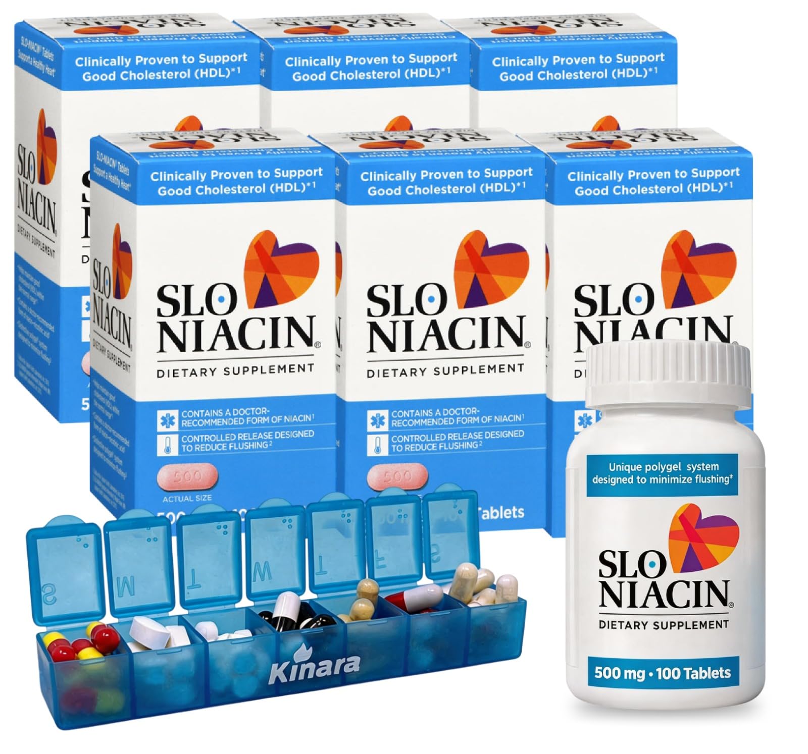 Kinara Slo Niacin 500mg Flush Free 100 Capsules 6-Pack, Vitamin B3, Heart & Nutritional Health, Energy Production, Circulation, Skin Pill Organizer