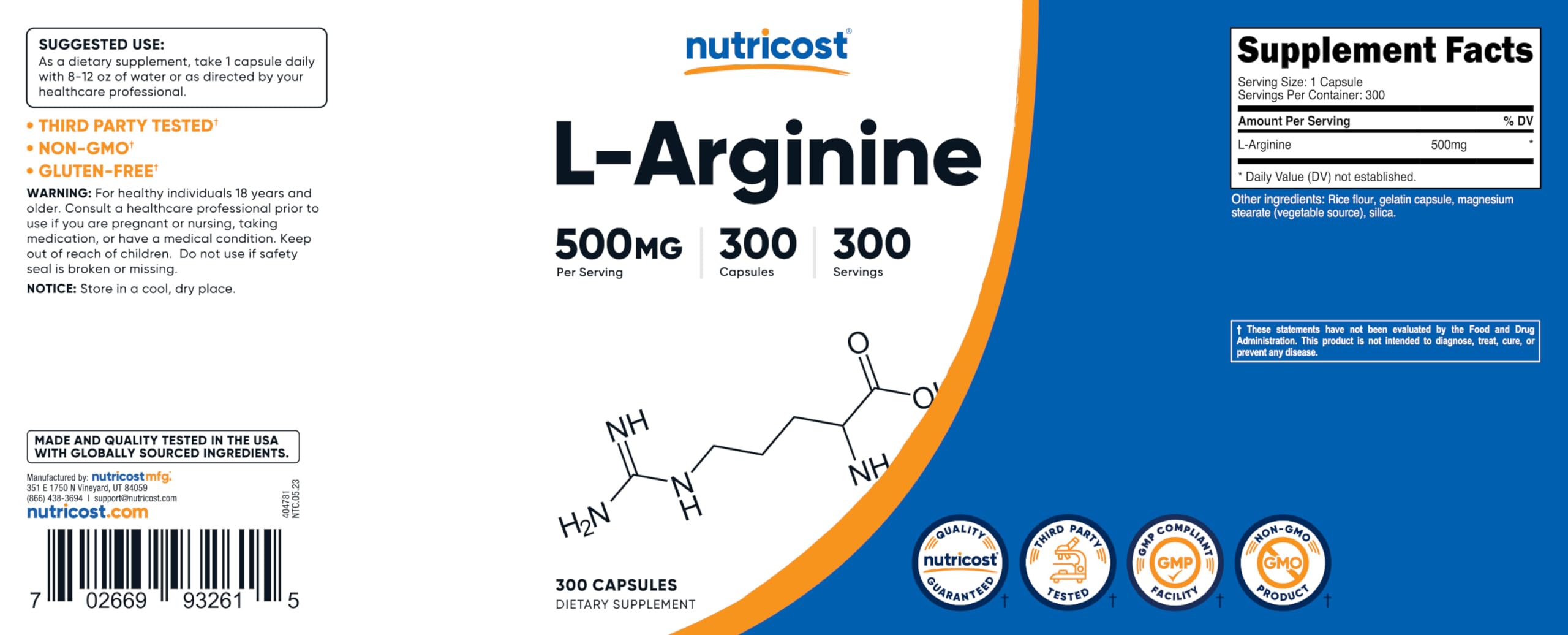 Nutricost L-Arginine 500mg, 300 Capsules - Gluten Free and Non-GMO — Amazon image 6