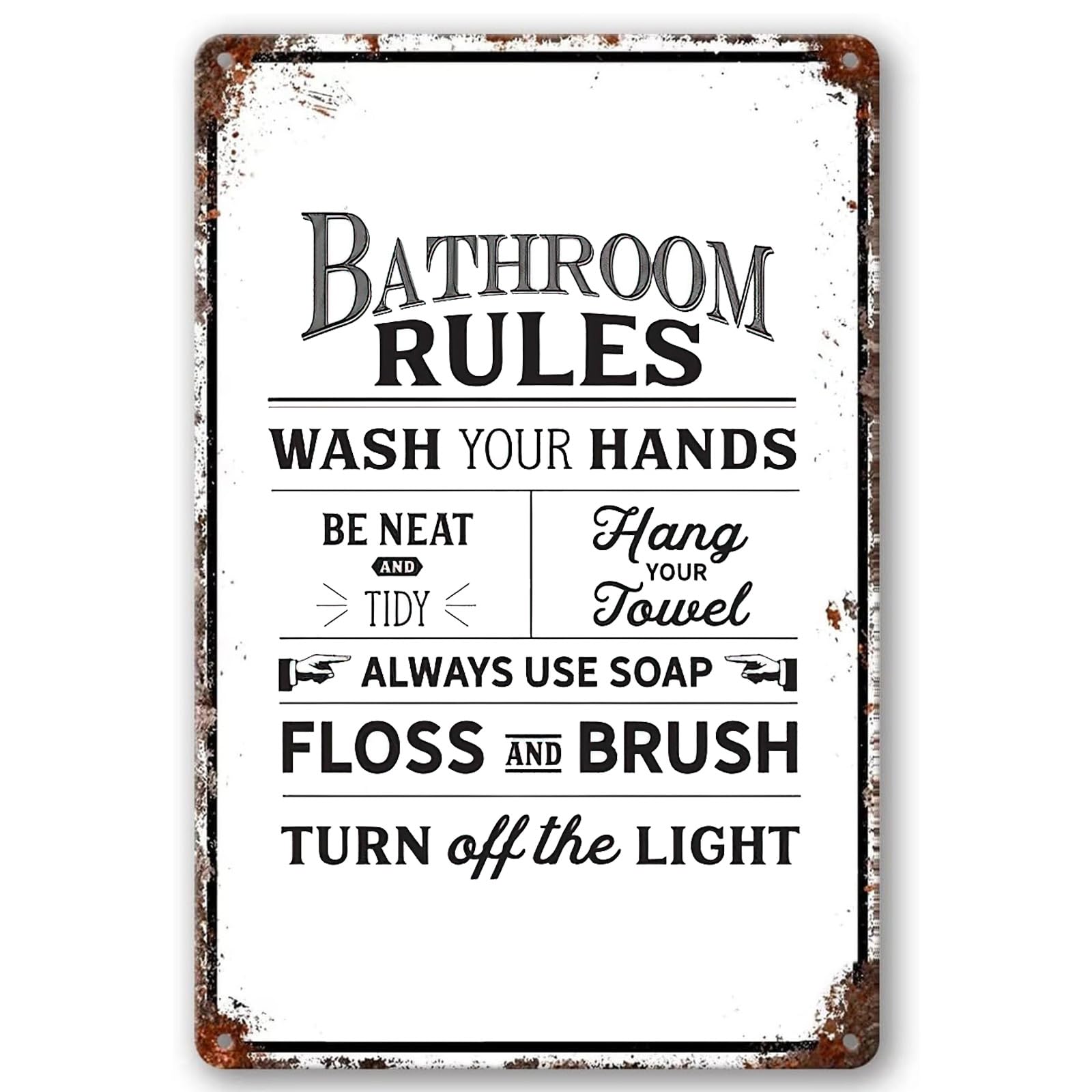 Vintage Metal Tin Sign, Funny Bathroom Rules Wash Your Hands Decor, 12x8 Inch