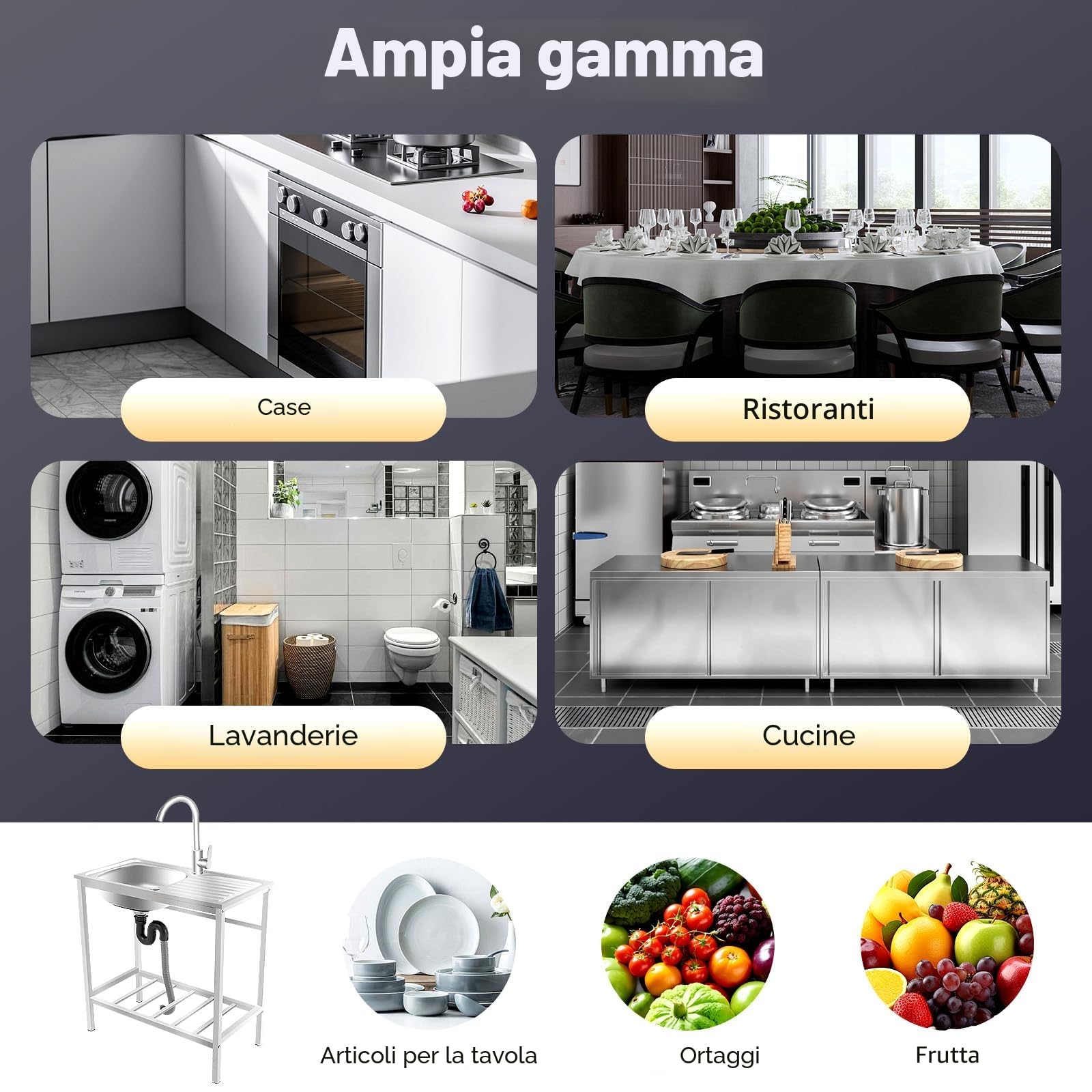 Lavandino da lavoro 75 × 40 × 75 cm, autoportante in acciaio inox con cella di stoccaggio, lavello da cucina singolo con rubinetto a 360° – per lavanderia, bar, garage o ristorante