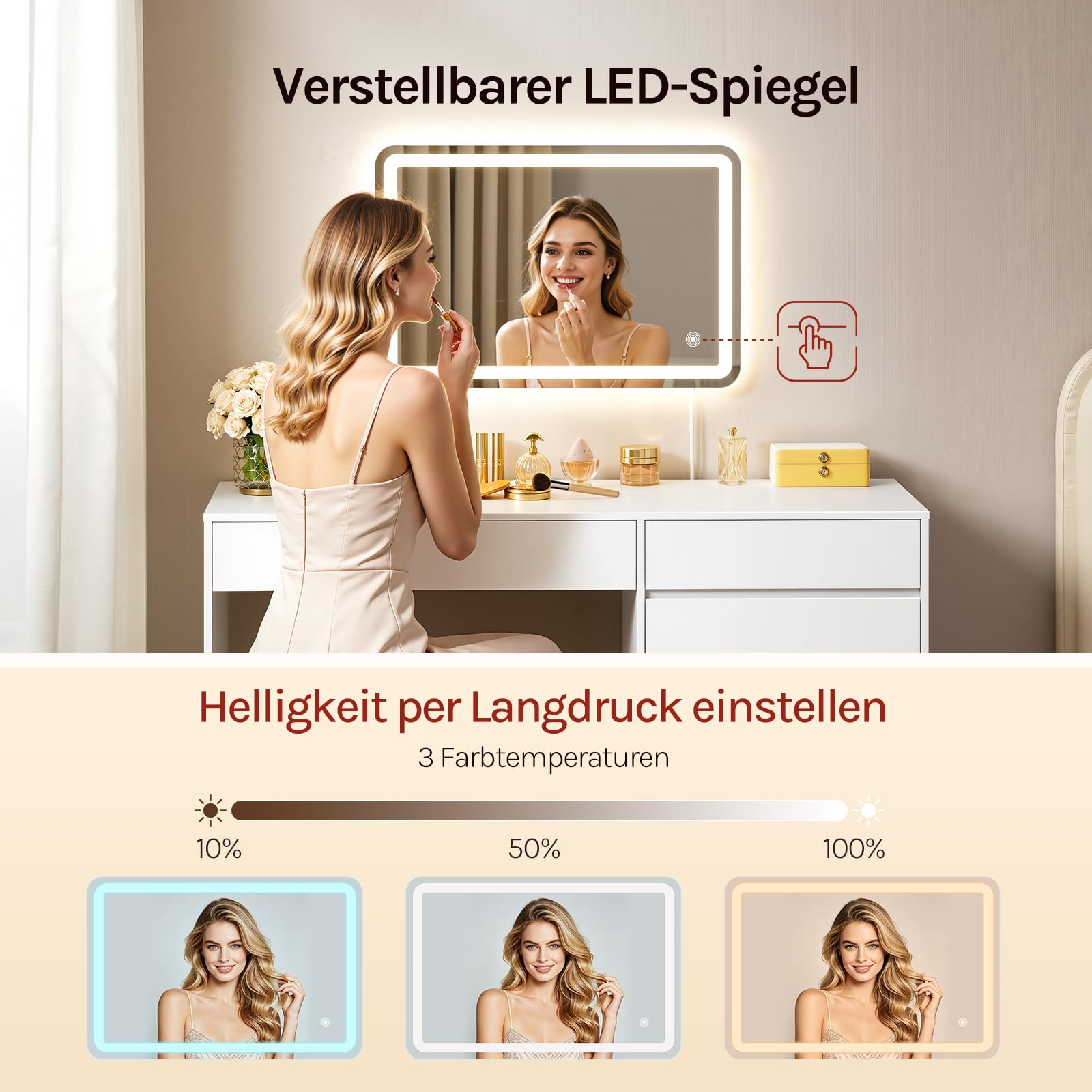 WOLTU 2-in-1 Schminktisch & Schreibtisch, mit LED-Beleuchtung, 5 Schubladen, Frisiertisch mit Wandspiegel 40 x 60 cm, einstellbare Helligkeit, 100x45x75 cm, Weiß für Schlafzimmer, Holz