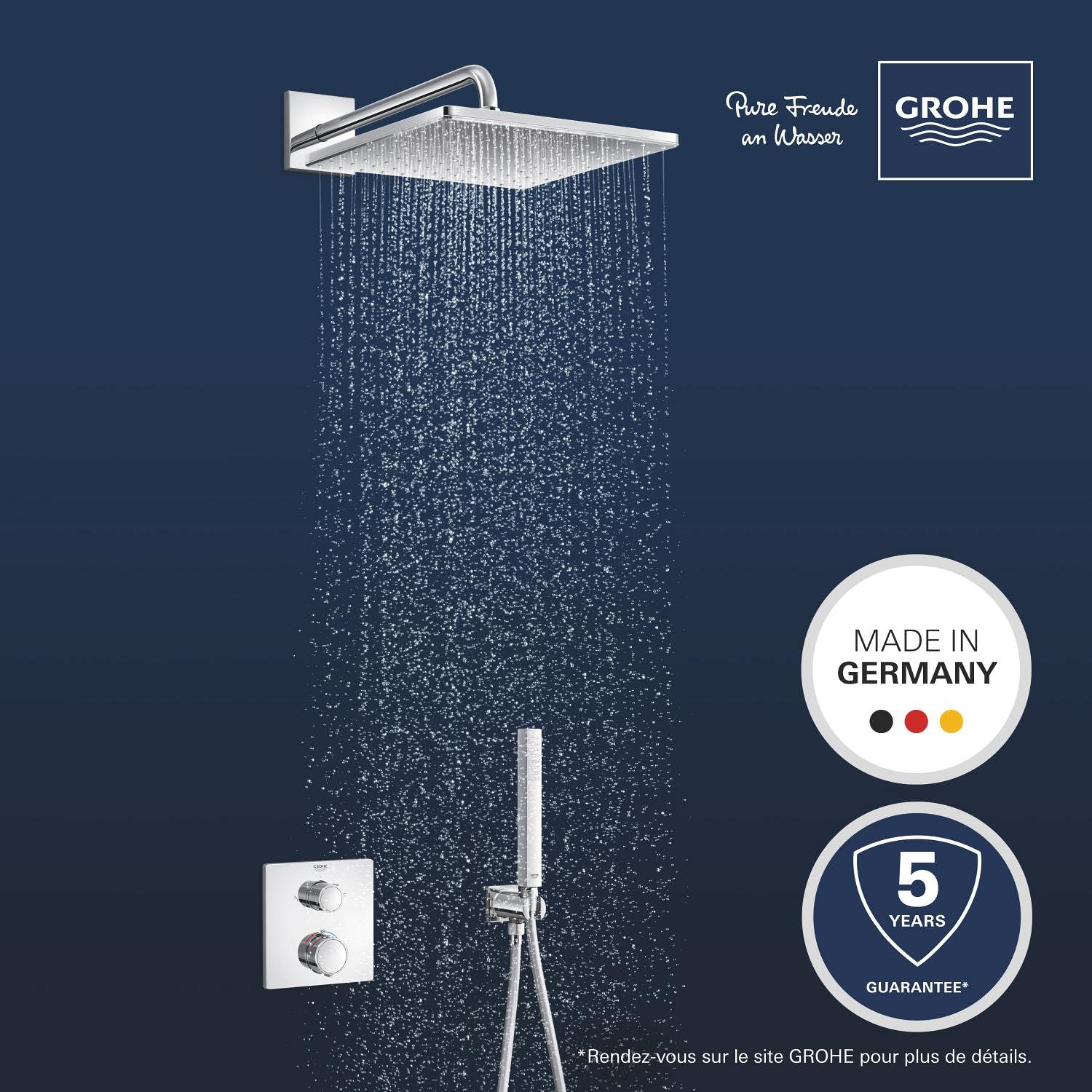 GROHE Precision Thermostatique, Ensemble de Douche Encastré 2 sorties, Douche de Tête Vitalio Rain Mono Cube 310, Douchette Vitalio Joy Cube Stick 1 jet, Flexible 1,5 m, Chromé, 34881000