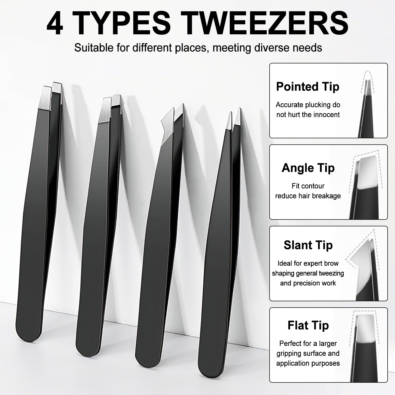 Sularpek 7 Piezas Pinzas Depilar Profesionales, Pinzas Profesionales para Cejas para Pelos Faciales, Espinillas y Astillas, Incluye Estuche de Cuero,Negro