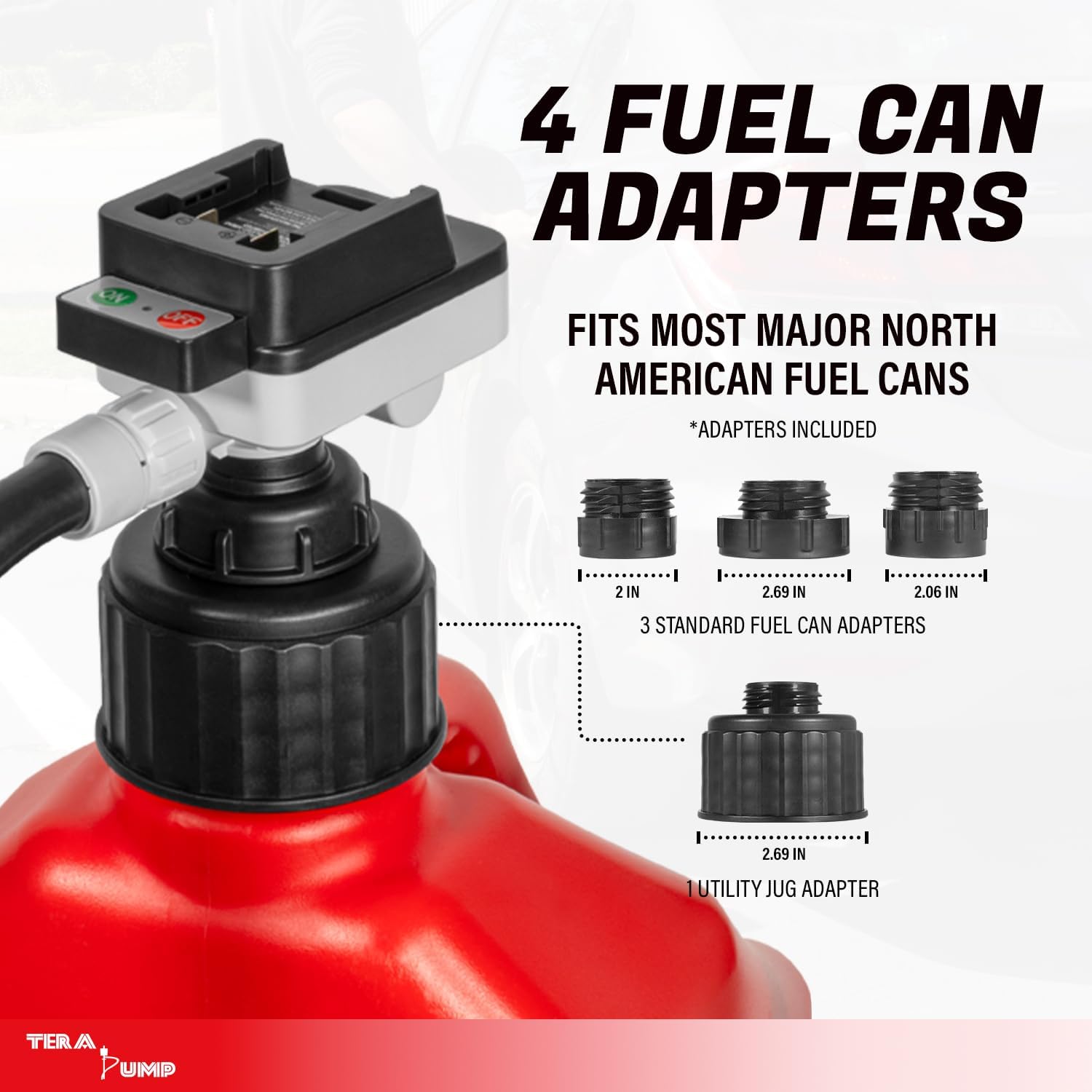 TERA PUMP Battery Powered Fuel Transfer Pump (4.0 GPM) – Cordless Pump Compatible with DeWalt 20V & Milwaukee 18V Batteries, Manual Nozzle, 51” Heavy-Duty Rubber Hose, 4 Adapters for Gasoline & Diesel