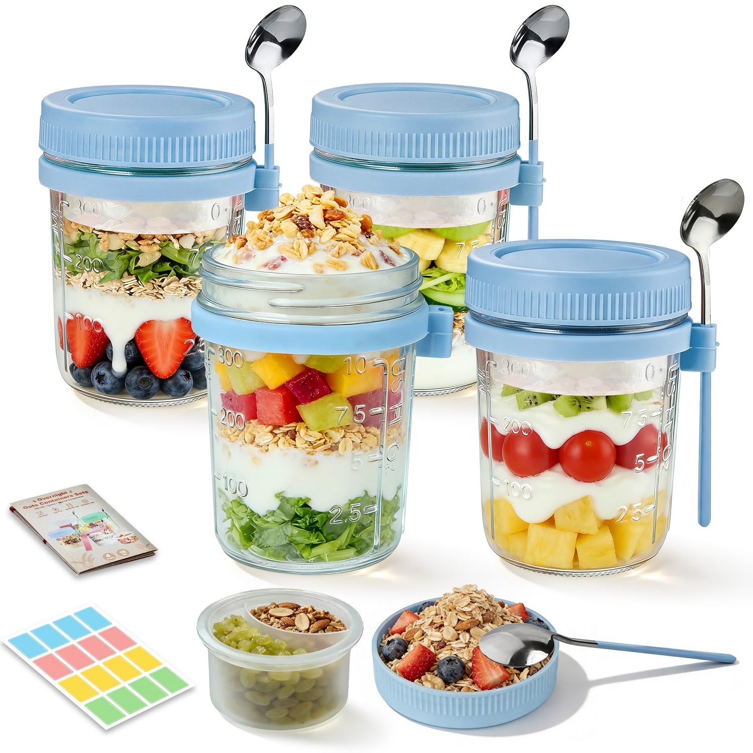 4 Pack Overnight Oats Containers with Lids and Spoons - 16 oz Glass Mason Jars with Dressing Cup, Over night Oat Jars for Meal Prep, Chia Seed Yogurt Parfait Cup, Sugar Packet Holders (Blue)