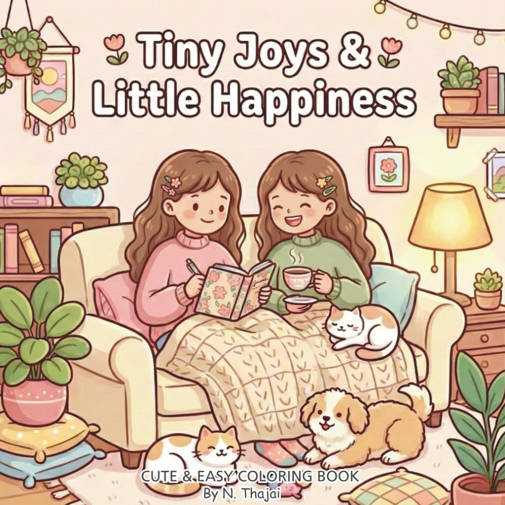 Tiny Joys & Little Happiness Coloring Book: Cute & Cozy Coloring Pages of Small Happy Moments with Twin Girls for Relaxation, Mindfulness, and Stress Relief