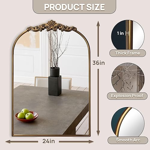 Miniatura 3 de Espejo dorado vintage barroco adornado, espejo arqueado de latón antiguo de 24 x 36 pulgadas con marco de metal completo, perfecto para entrada,