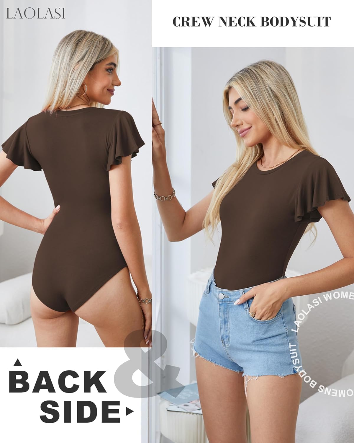 LAOLASI レディース クルーネック ボディスーツ フリル 半袖 スリムフィット カジュアル ベーシック ストレッチ ボディスー