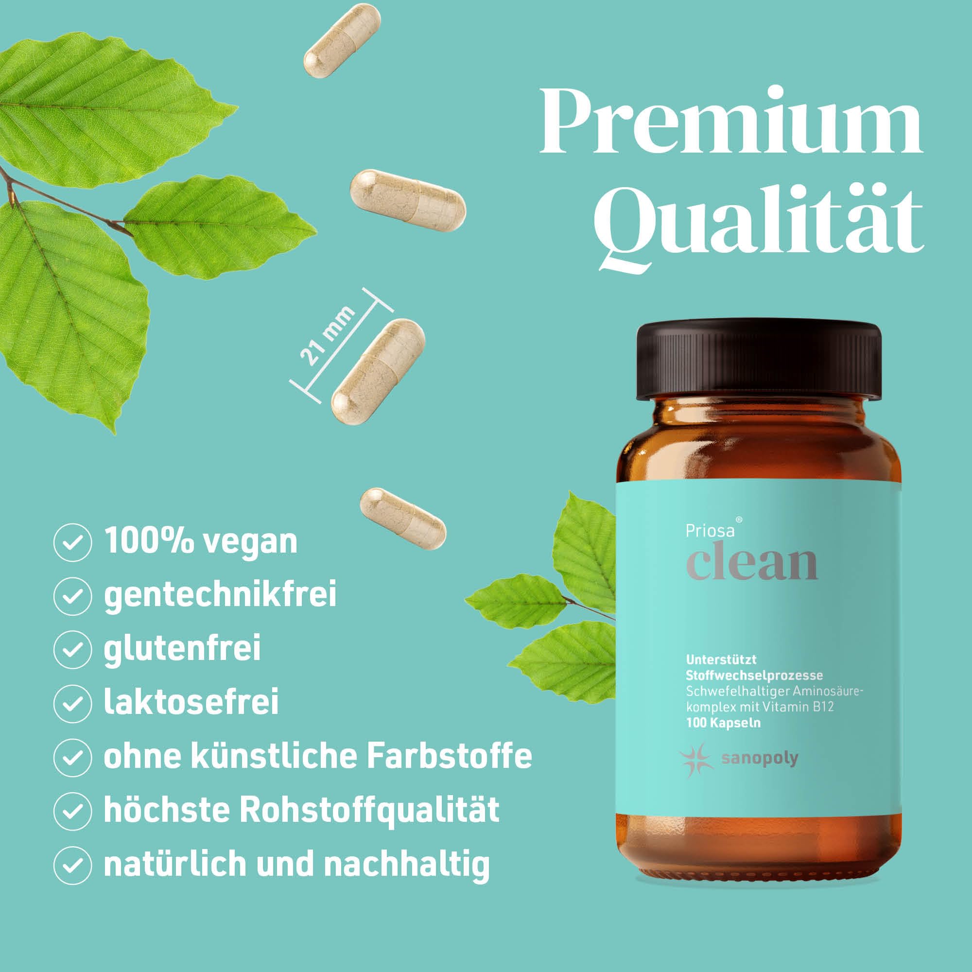Priosa® CLEAN – Aminosäuren- & Schwefel-Komplex mit Vitamin B12, 100 Kapseln I Vitalstoff-Mix & Schwefel-Lieferant I Mit L-Methionin, L-Cystein, MSM, & B-Vitamine I Vegan