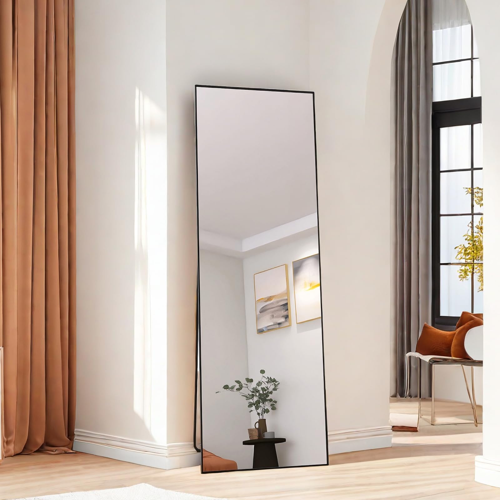 Lustro podłogowe o pełnej długości, lustro stojące 162 x 53 cm, pełne lustro ścienne z aluminiową ramą, duże łukowe lustro do sypialni, łazienki, salonu (czarne, 162x53 cm/prostokątne)