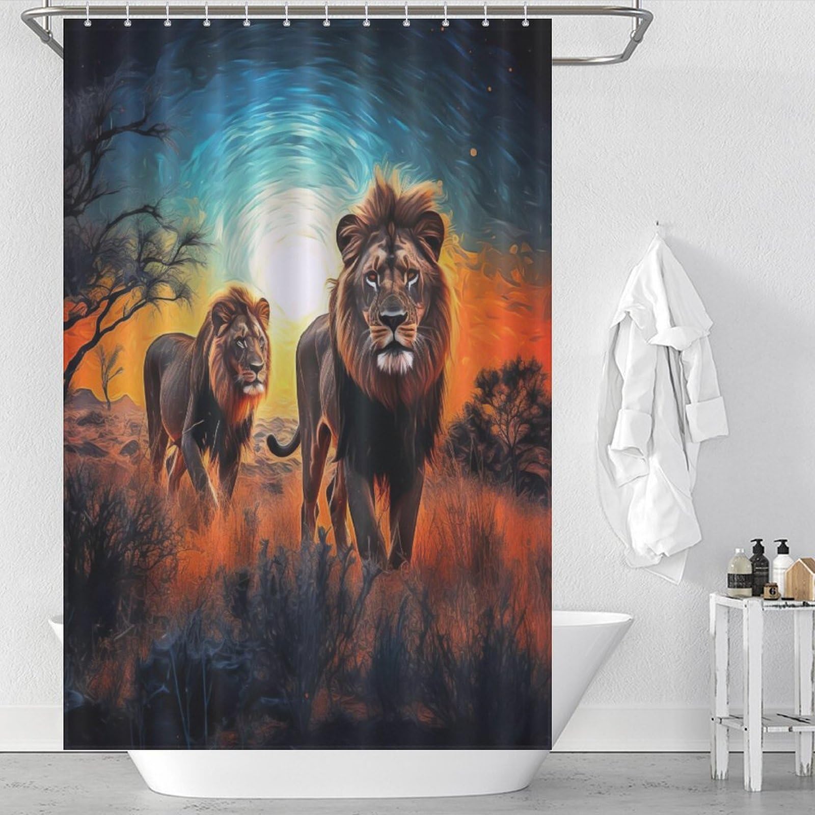 Rideau de douche lion imperméable : finis les sols inondés dans la salle de bain