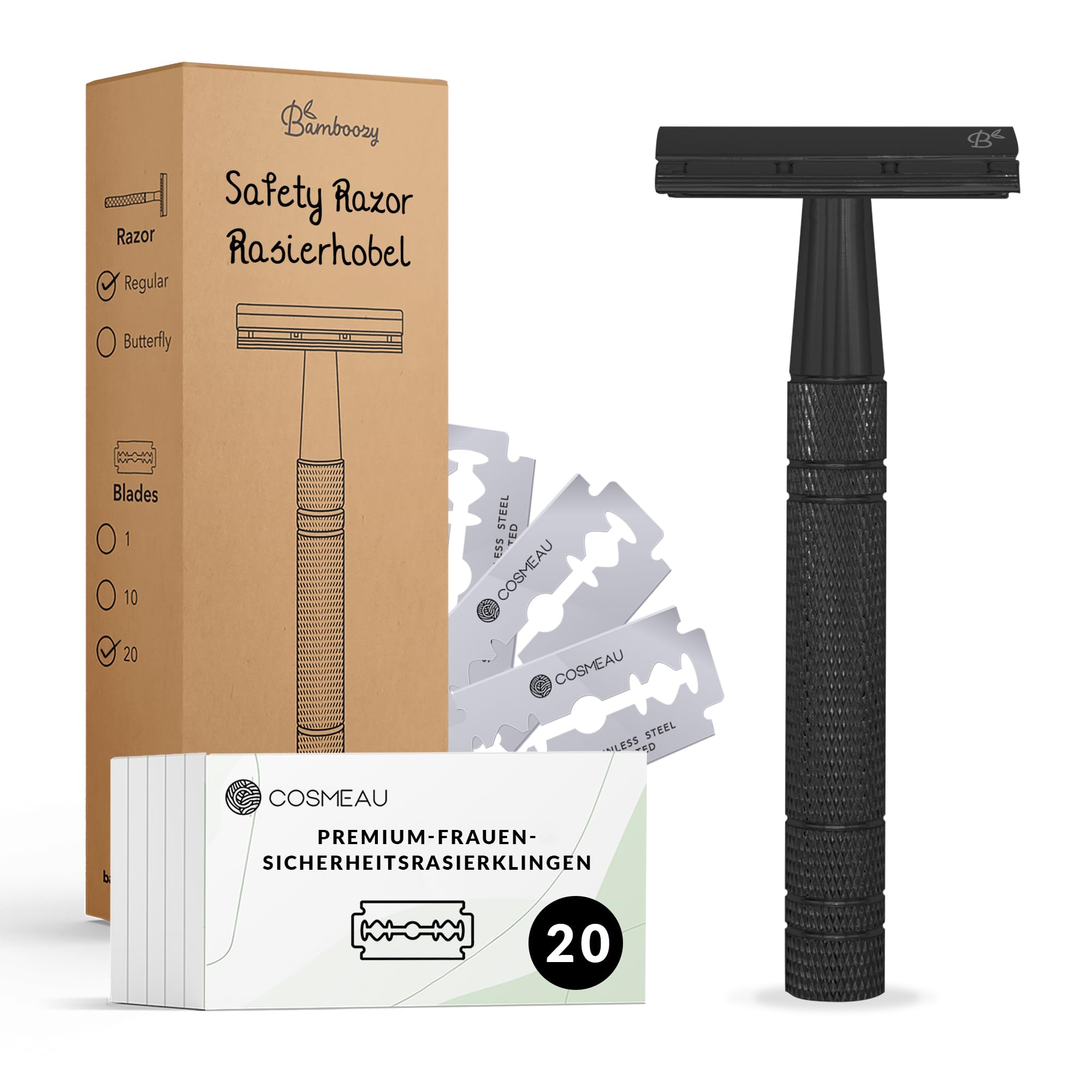 Bamboozy Safety Razor met 20 Premium Mesjes - Aluminium Scheermes voor Dames voor Nat Scheren - Duurzaam, Zero Waste & Double Edge (Zwart) - 20 Mesjes - Zwart