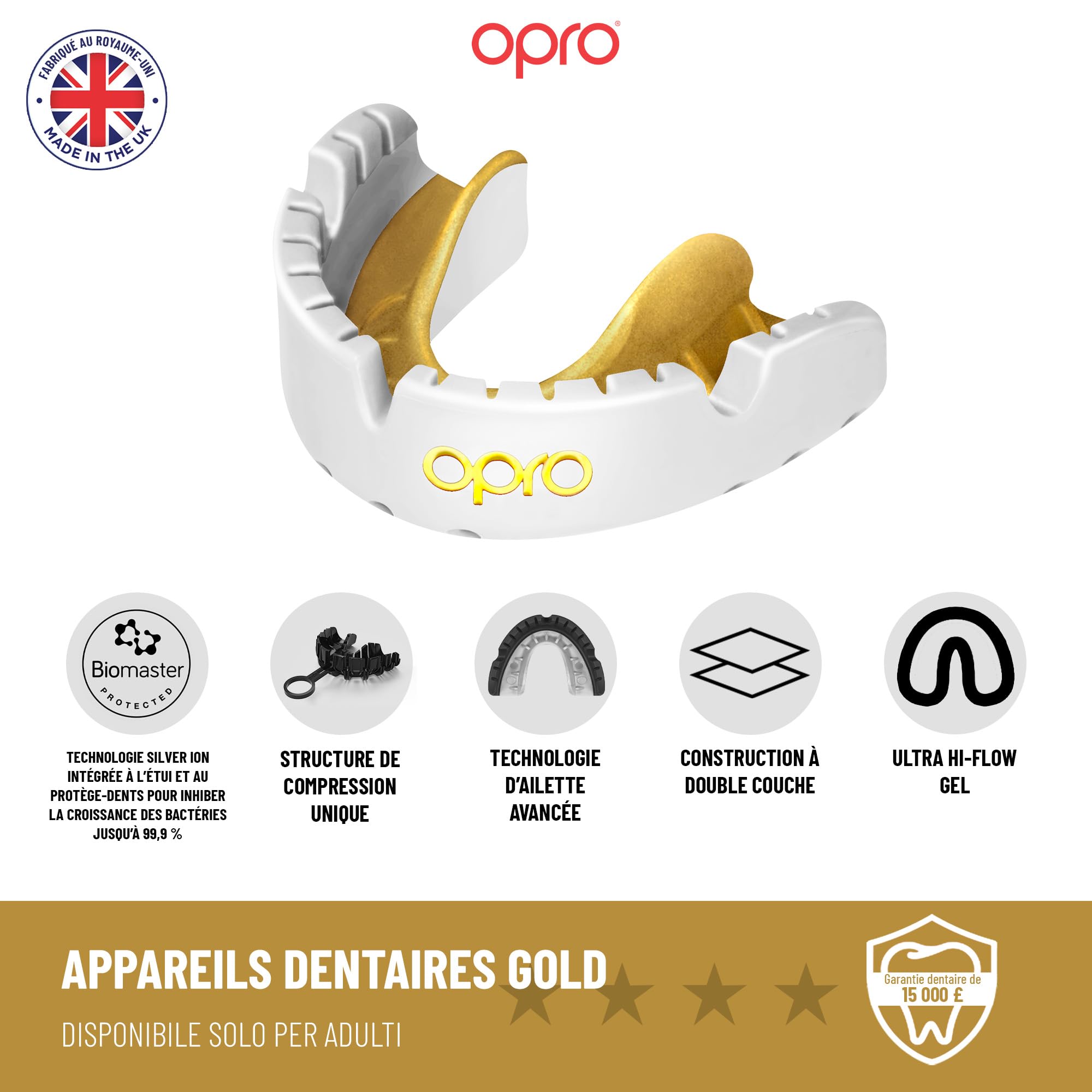 OPRO Protège-dents Gold pour appareil dentaire de sport pour adultes avec technologie révolutionnaire pour boxe, crosse, MMA, arts martiaux, hockey et tous les sports de contact