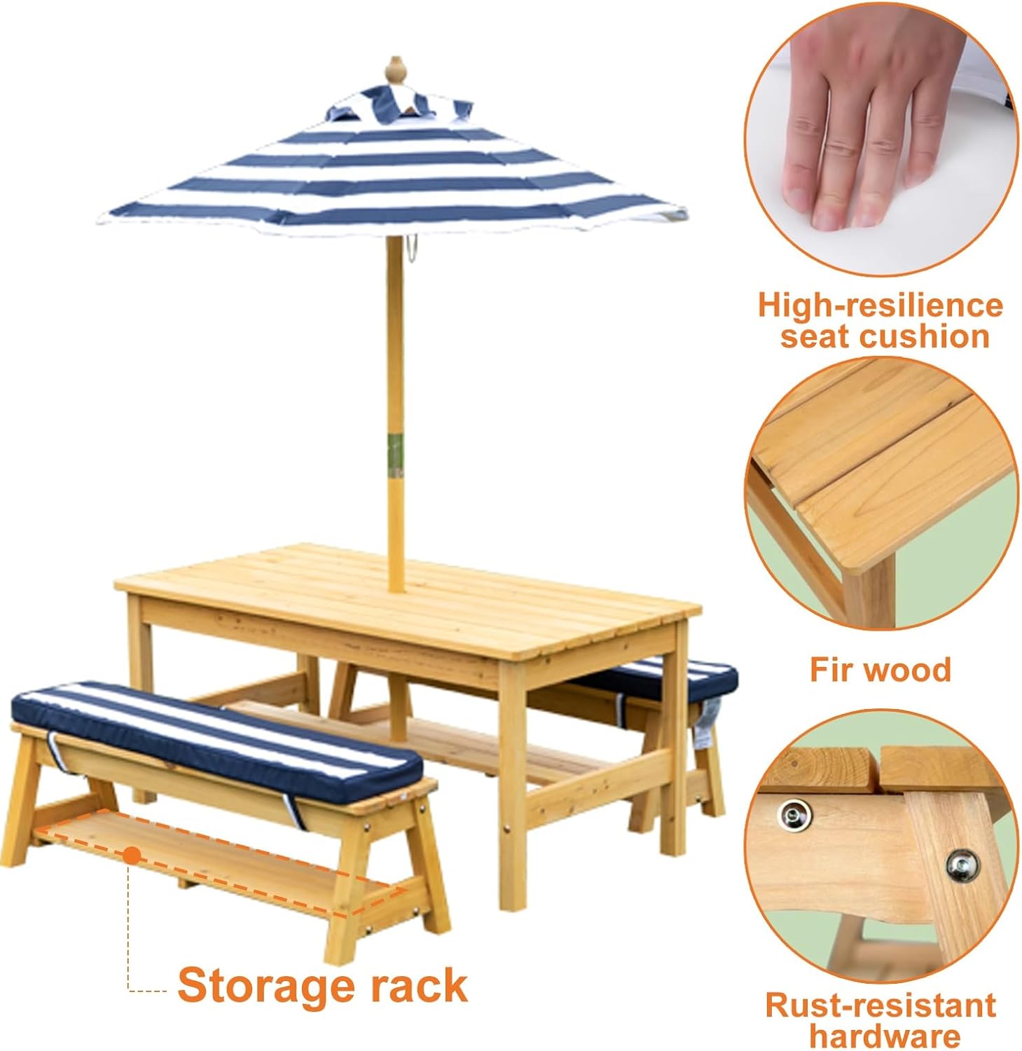 Kids Picnic Tables, Wooden Kids Picnic Tables for Outdoors with Removable Umbrella & Cushions, Toddler Picnic Table, for Backyard Lawn Patio(Sky Blue)