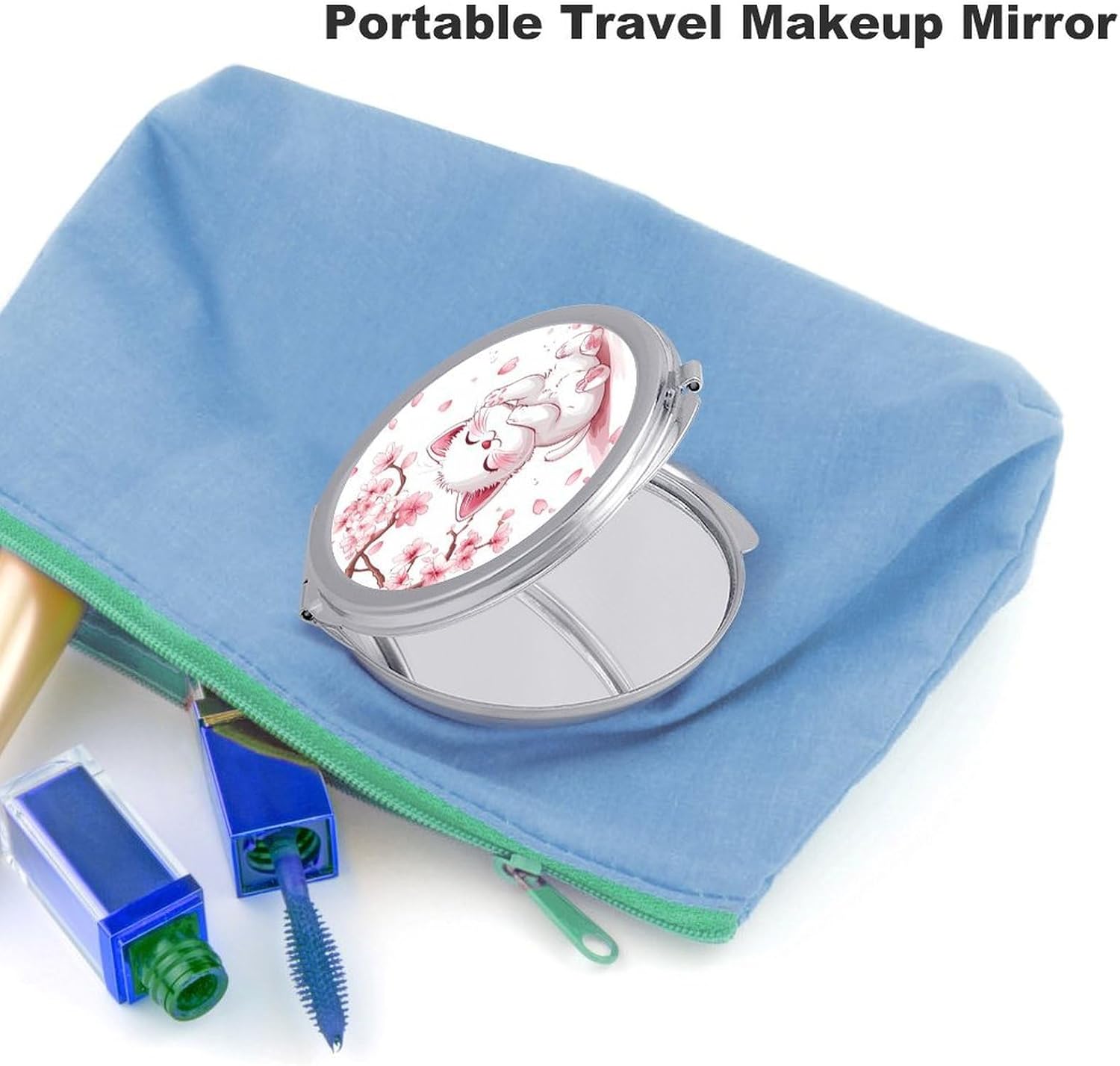 Cute Cat with Cherry Flowers Compact Makeup Mirror Mini Foldable Cosmetic Mirror Portable Travel Mirror for Purse Pocket