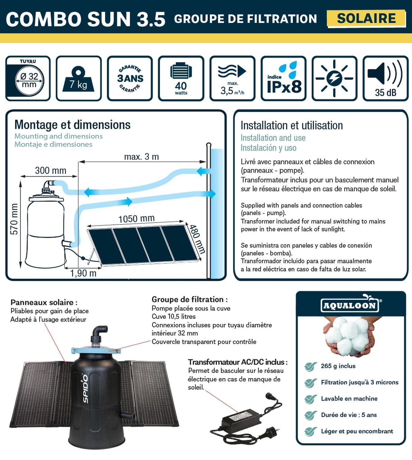 SPID’O Combo Sun 3.5 Filtration Piscine Solaire Hybride 3,5 m³/h Consommation Réduite x8 Panneaux Inclus