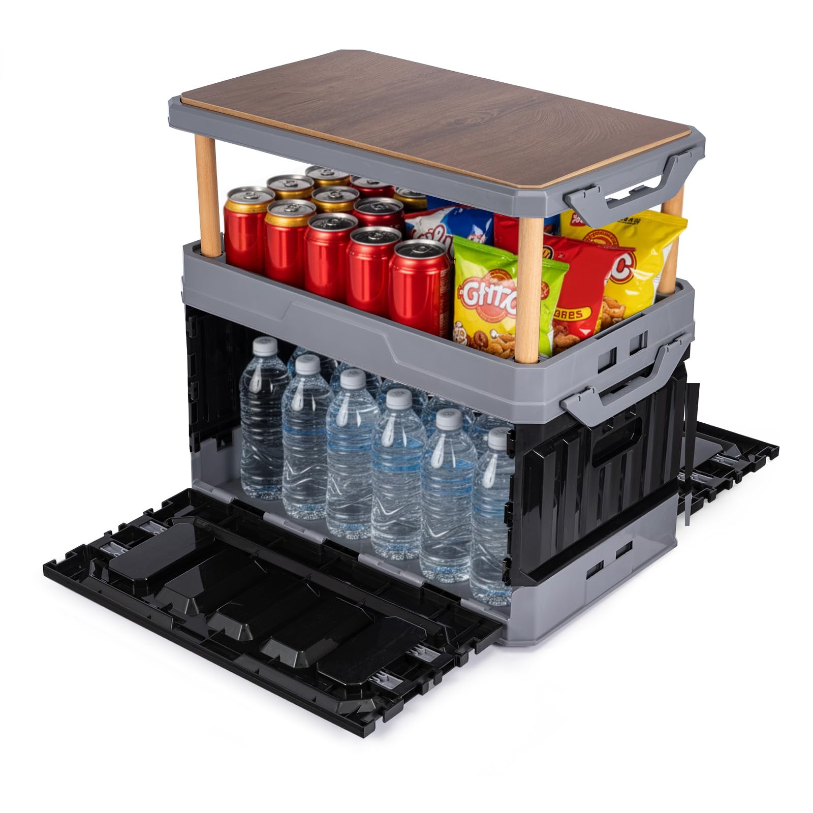 Greenwhim Grey Camping Storage Box Foldable Storage Crate With Table Top Large Kitchen Cupboard, Collapsible Car Trunk Boot Organizer Box 2 In 1 For Garden Party, Picnics, Outdoor Travel Table