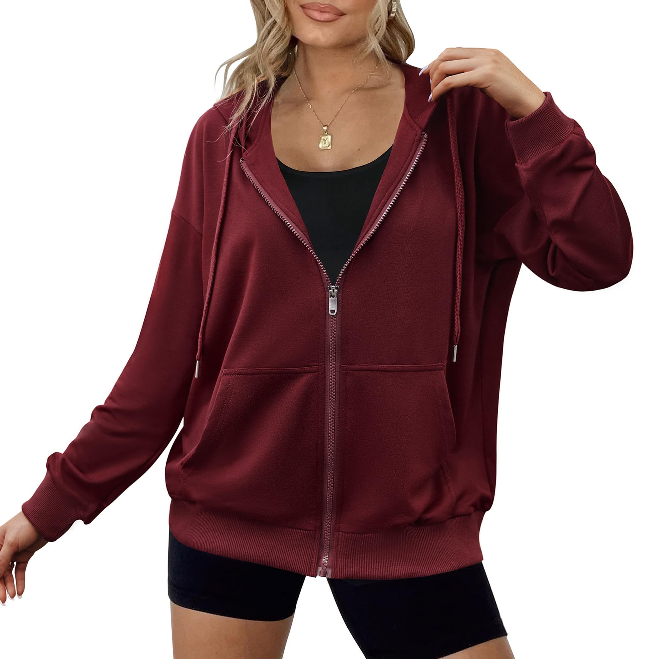 Zeagoo Felpe con cappuccio leggere da donna con cerniera completa felpe oversize con tasche a maniche lunghe sottili giacche casual con cappuccio