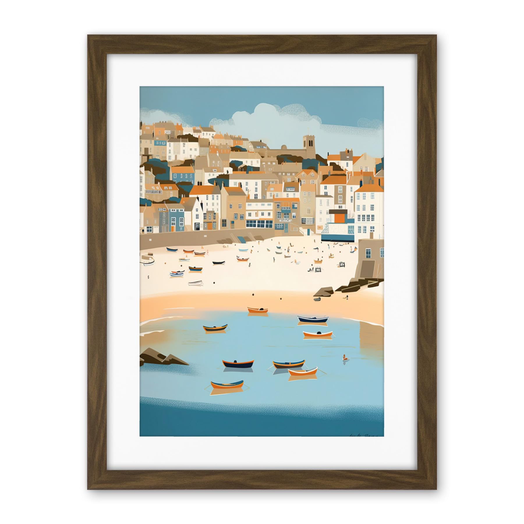 Artery8 Small Boats in St Ives Bay Coastal Cityscape Artwork Framed Wall Art Print 18X24 Inch