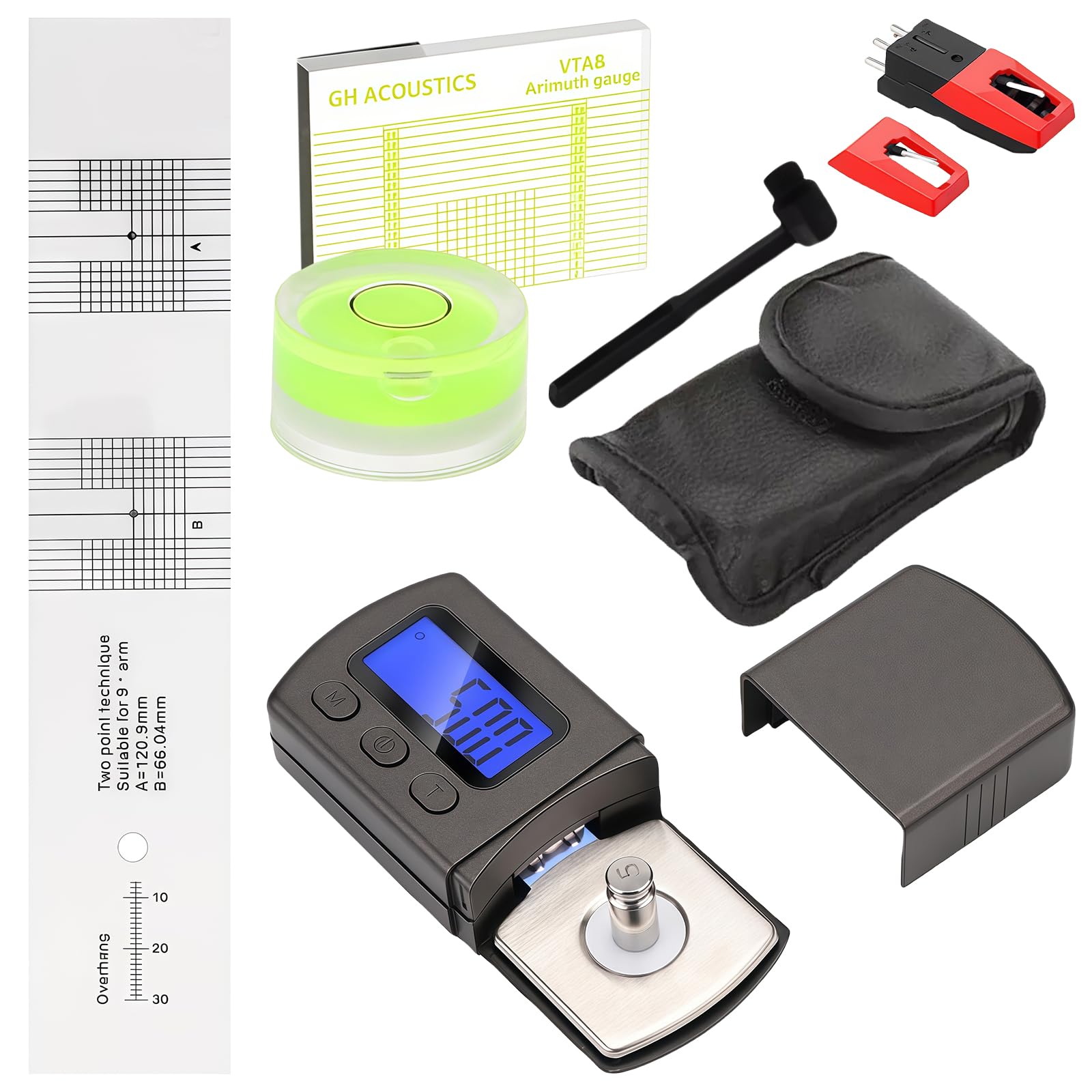 6 pièces de réglage et de réglage pour tourne-disque : ensemble d'aiguilles de lecture numérique avec azimut, libellule et gabarit de surplomb, brosse de nettoyage, aiguille de rechange pour