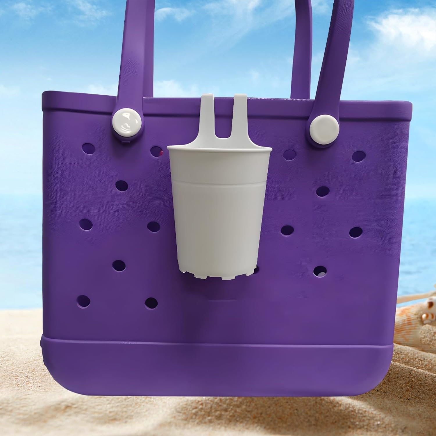 White Portable Drink Carrier, Plastic Beverage Organizer For Sand, Pool, Picnic, Outdoor Travel, Lightweight Easy Carry Handle, 2 Packs, Beach Cup Holder Bag Set