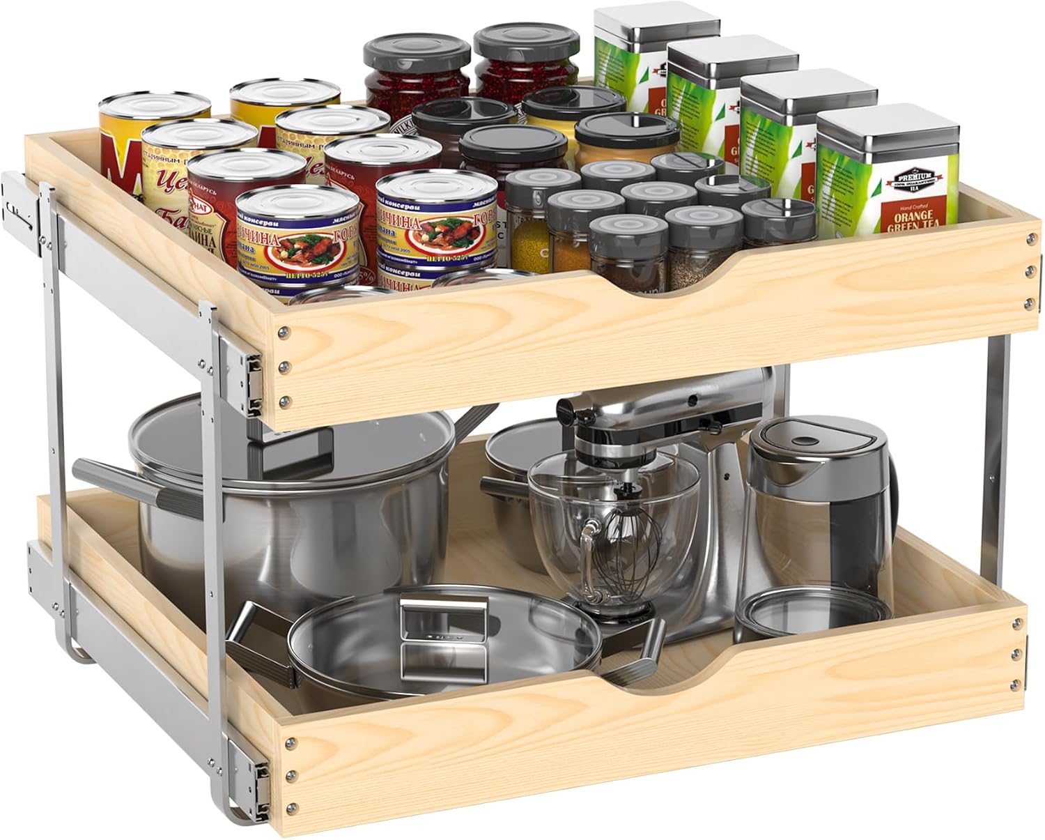 21" Deep 2 Tier Pull Out Cabinet Organizer — Wood Pull Out Drawers for Cabinets, Slide Out Shelves, Full-Extension, Ball-Bearing Slides, 50 lb/Shelf, 3 Adjustable Heights