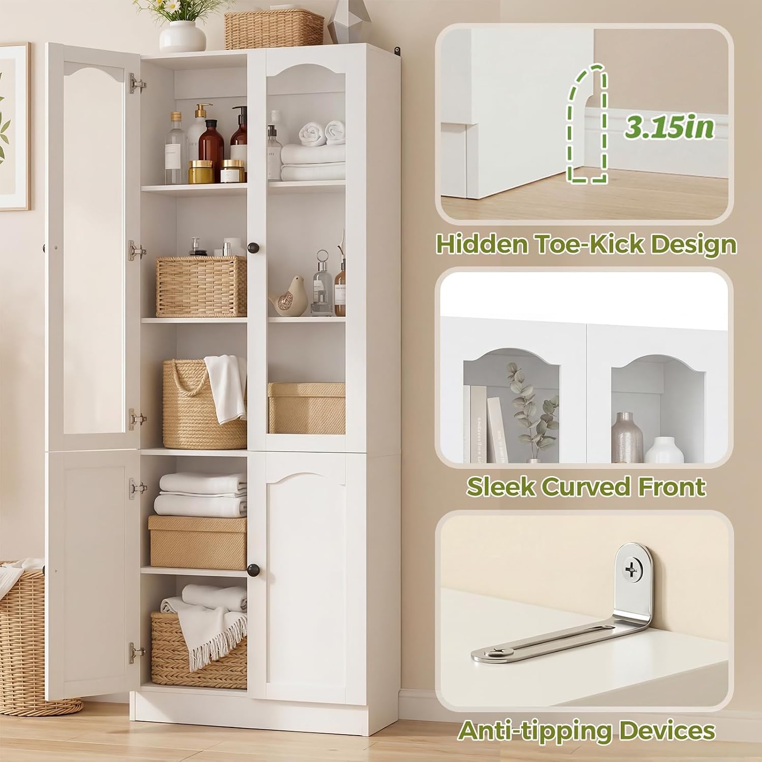 Cyclysio 80" Tall 3-Piece Pantry Cabinet Set, Large Kitchen Storage Cabinet with Arched Glass Doors, 3 Drawers & Open Shelving, Flush-to-Wall Bookshelf with Baseboard Cutout for Living Room, White
