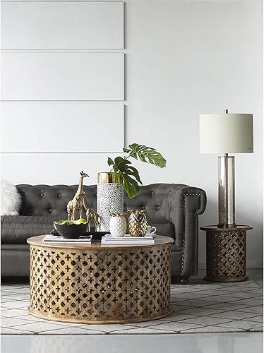 Miniatura 13 de A and B Home Lámpara de mesa de hierro y vidrio blanco y dorado con forma de tambor de 35 pulgadas de alto para mesita de noche, tocador, sala de