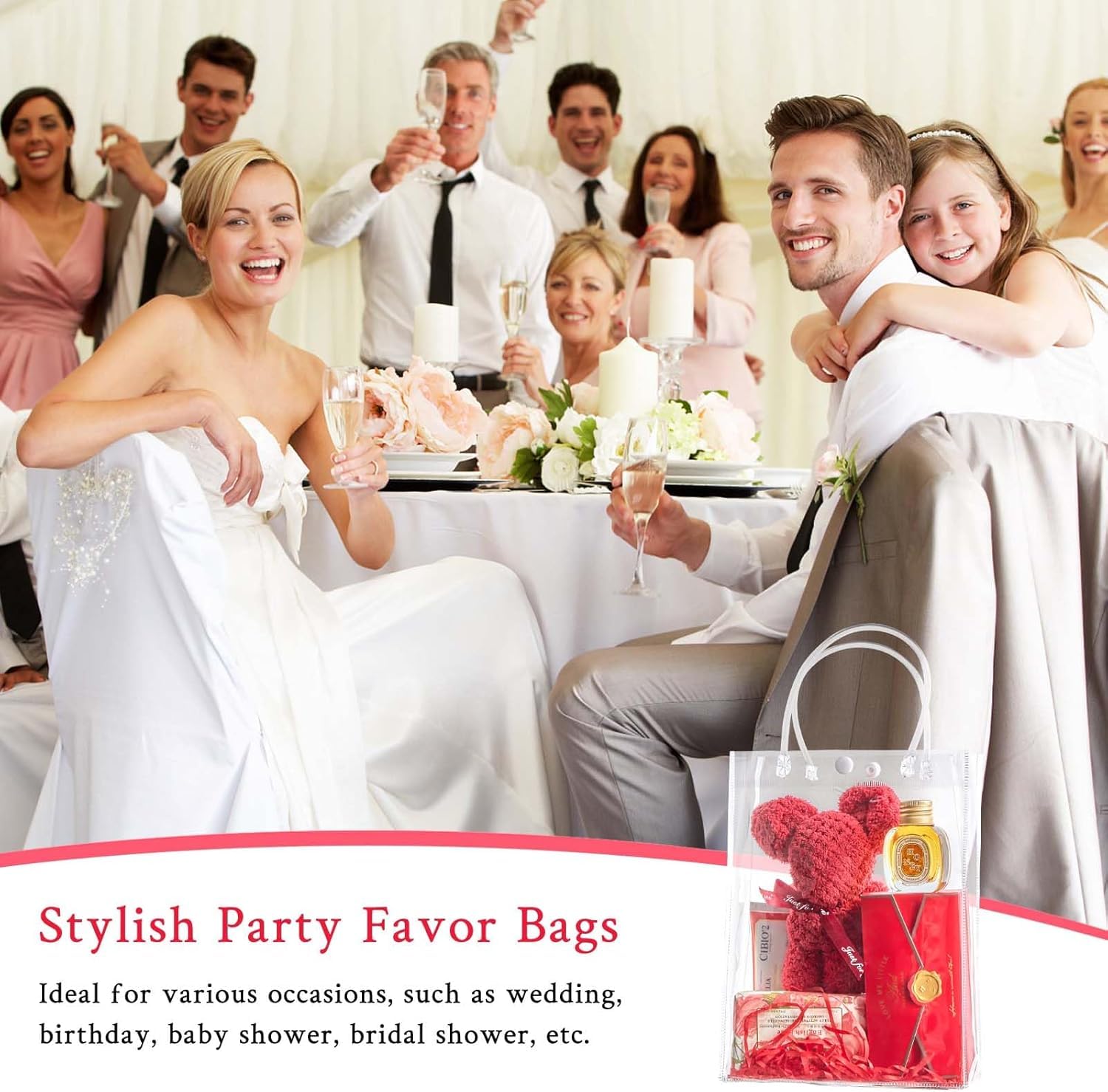 mauproy Paquete de 50 bolsas de regalo de plástico transparente con asas, bolsas de recuerdo de fiesta con cintas y etiquetas, bolsas de regalo reutilizables para bodas, baby shower (6.7 x 9.1 x 2.8