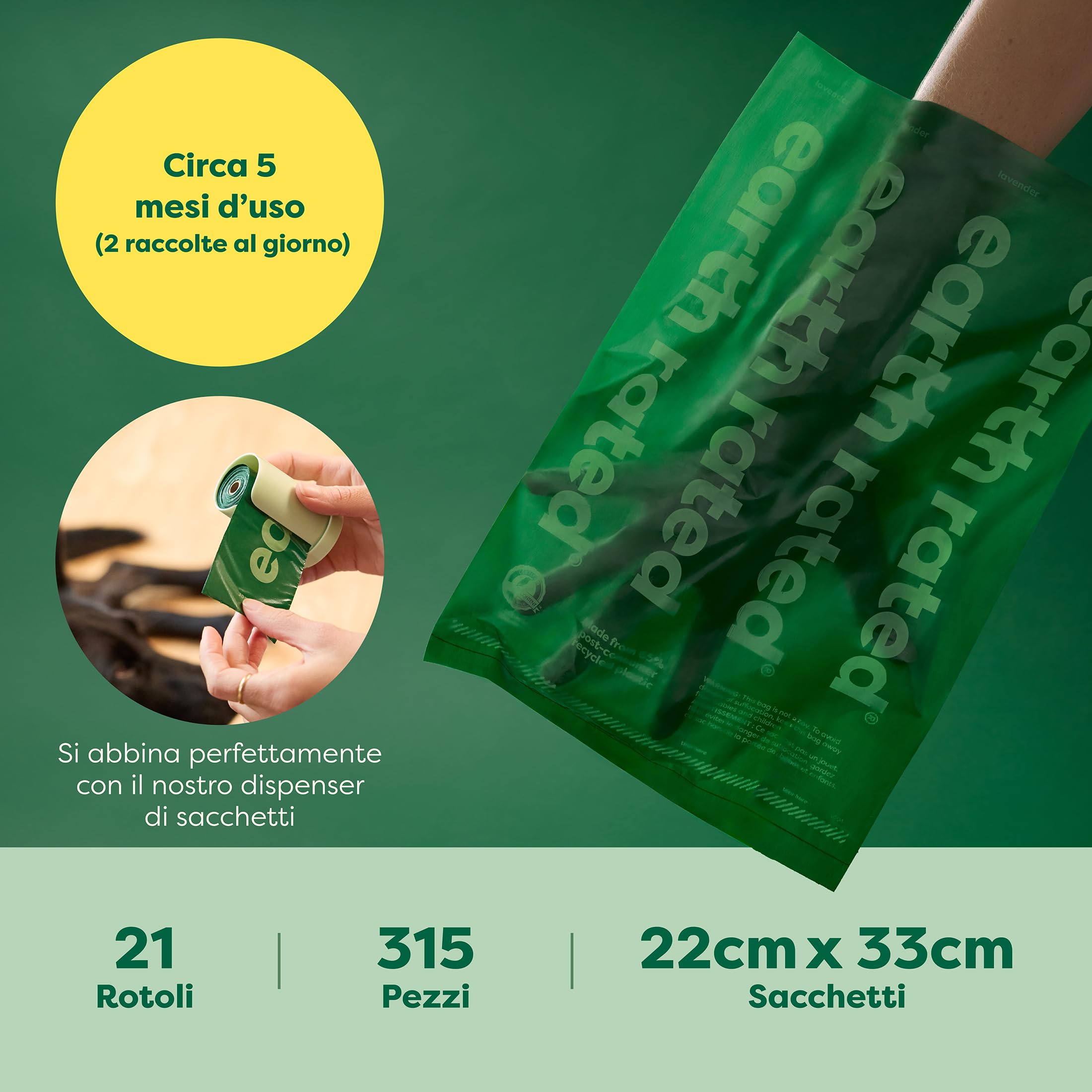 Earth Rated - Sacchetti igienici per cani - Sacchetti per escrementi animali a prova di perdite ed extra spessi, per cani grandi e piccoli - Rotoli di ricarica - Profumati alla lavanda - 315 pezzi