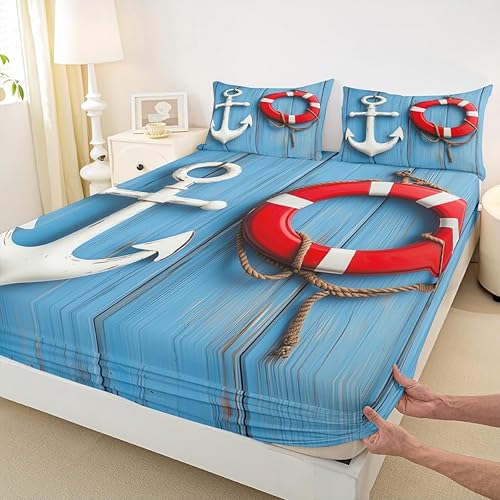 Miniatura 5 de Erosebridal Sábana bajera náutica costera tamaño Queen, ropa de cama de playa de verano, estilo clásico, funda de cama oceánica, 3 piezas con 2