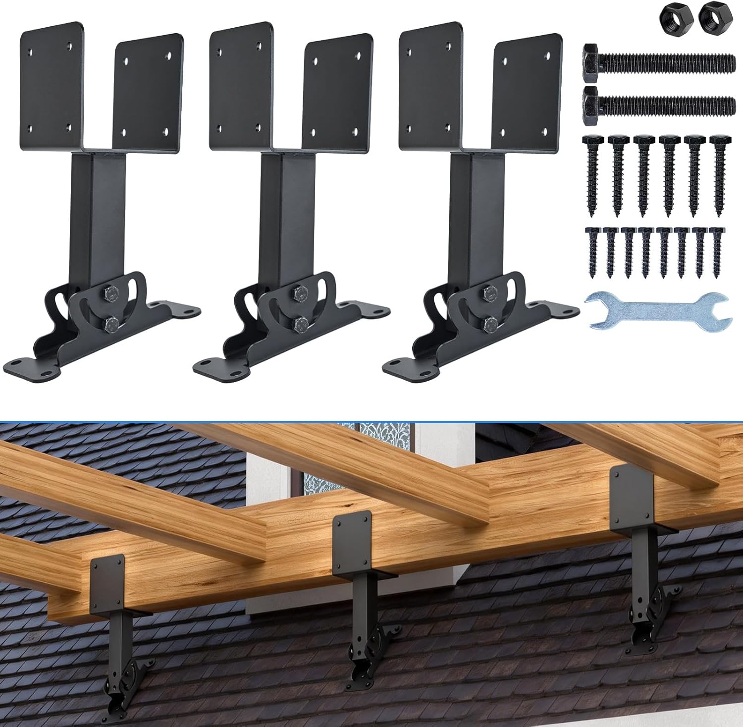 4"x4" Heavy Duty Roof Riser Brackets, 180° Adjustable Angle Pergola Roof Brackets, Black Metal Roof Riser Brackets for Patio Cover, Pergola, Gazebo, Wood Post (3 Pack)