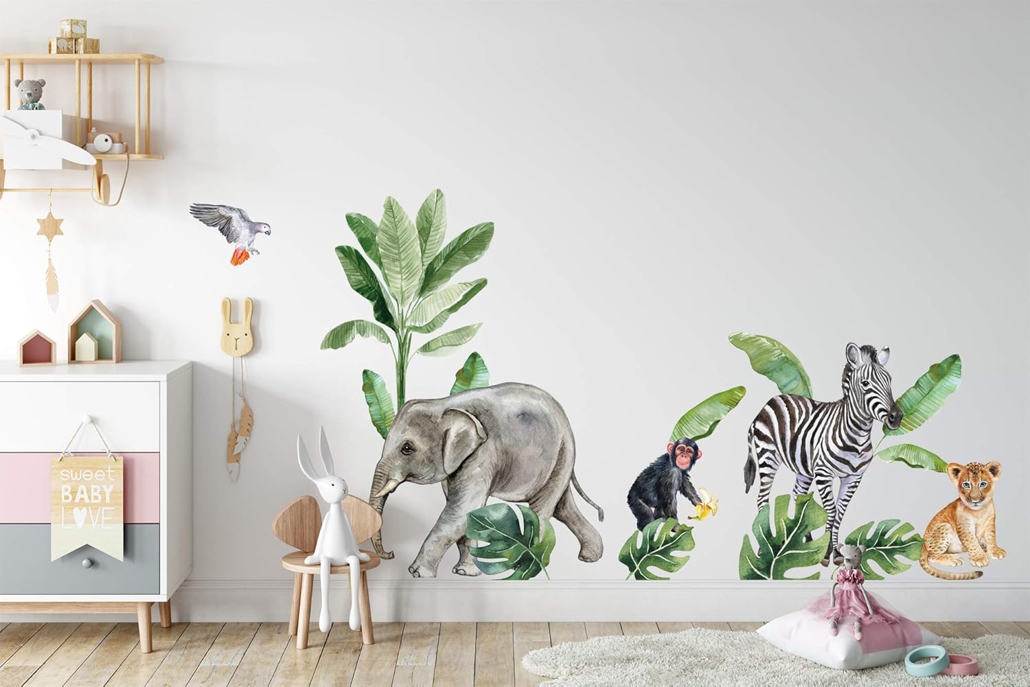 Murwall Kids Wall Decal Peel and Stick Safari Animal Wall Decals Cute African Animals Set Wall Sticker Zebra Giraffe Elephant Lion Leaves Sticker Kids Room Childroom