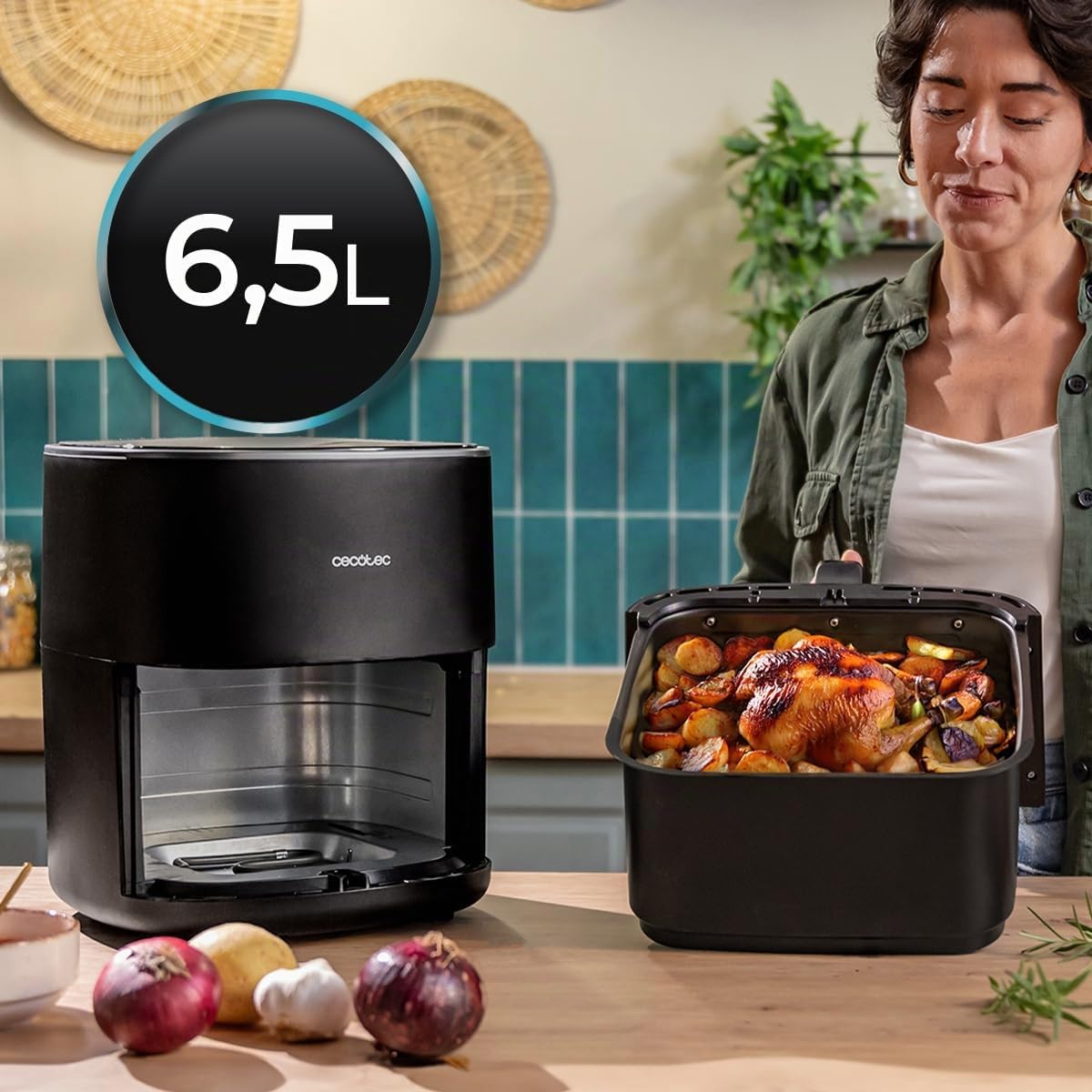 Cecotec Friggitrice ad Aria senza Olio 6,5L Cecofry&Grill Duoheat 6500. 3 in 1 Grill e Piastra per Pizza, Doppia Resistenza 2200W, Finestra di Visualizzazione, 12 Menu, Temp. 40-200°C, Cottura 3D