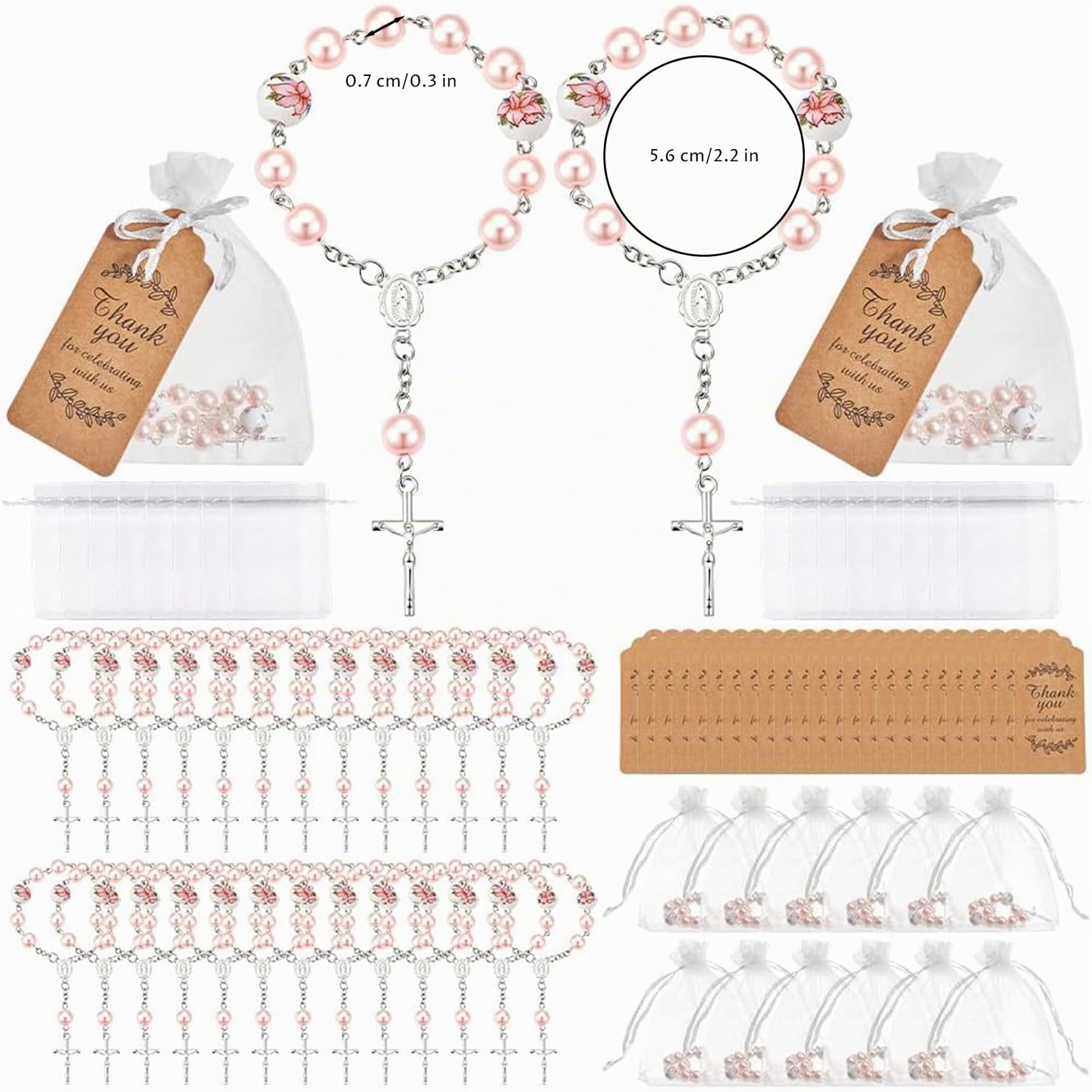Mini Rosario, 50 Pezzi Bomboniere Rosario Battesimo Braccialetti con perline di fiori in ceramica con pendente a croce per Battesimo Matrimoni Prima Comunione, 2, 2 pollici, Mini, Bomboniere