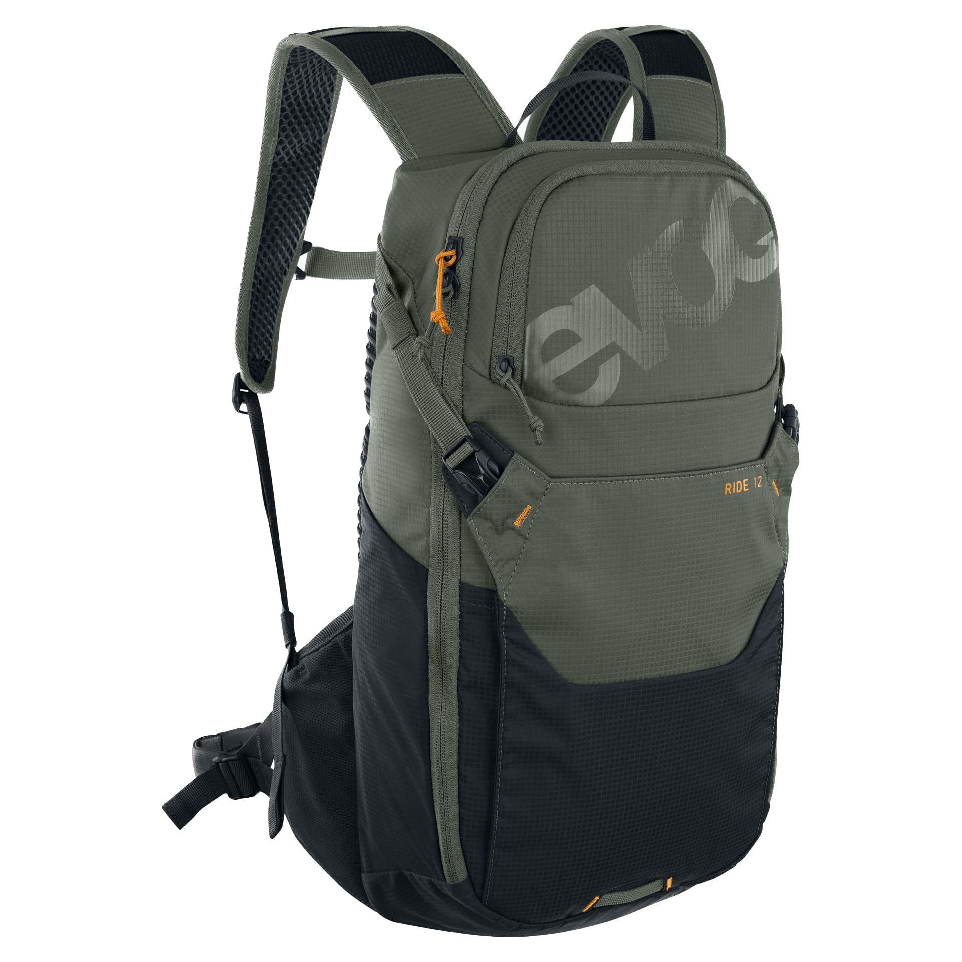 EVOC RIDE 12 protector bike backpack, trekking backpack for trails & everyday use (clever pocket management, AIR-PAD back padding, helmet holder, backpack), dark olive/black