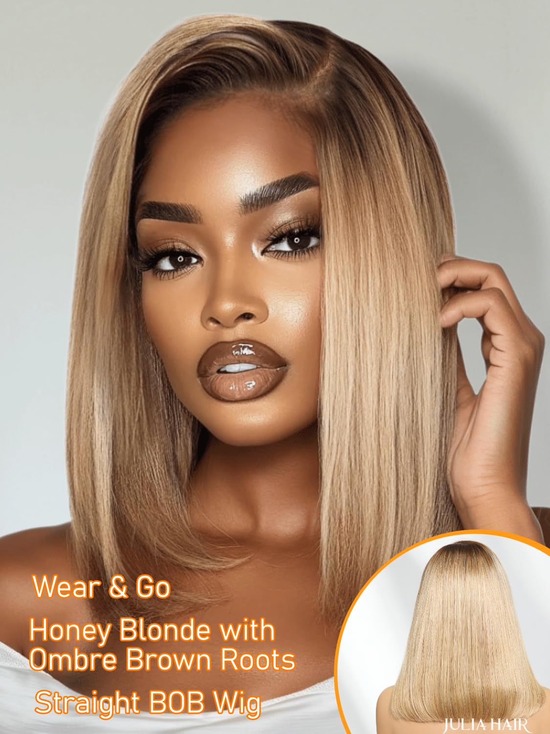 Julia Hair 10 Inch Bye-Bye Knots Glueless BOB Wig 7x5 HD Lace Closure Blonde with Brown Roots Blunt Cut Straight Bob Wigs Pre Plucked Pre Bleached Knots Ombre Highlight Side Part Lace Front Wig