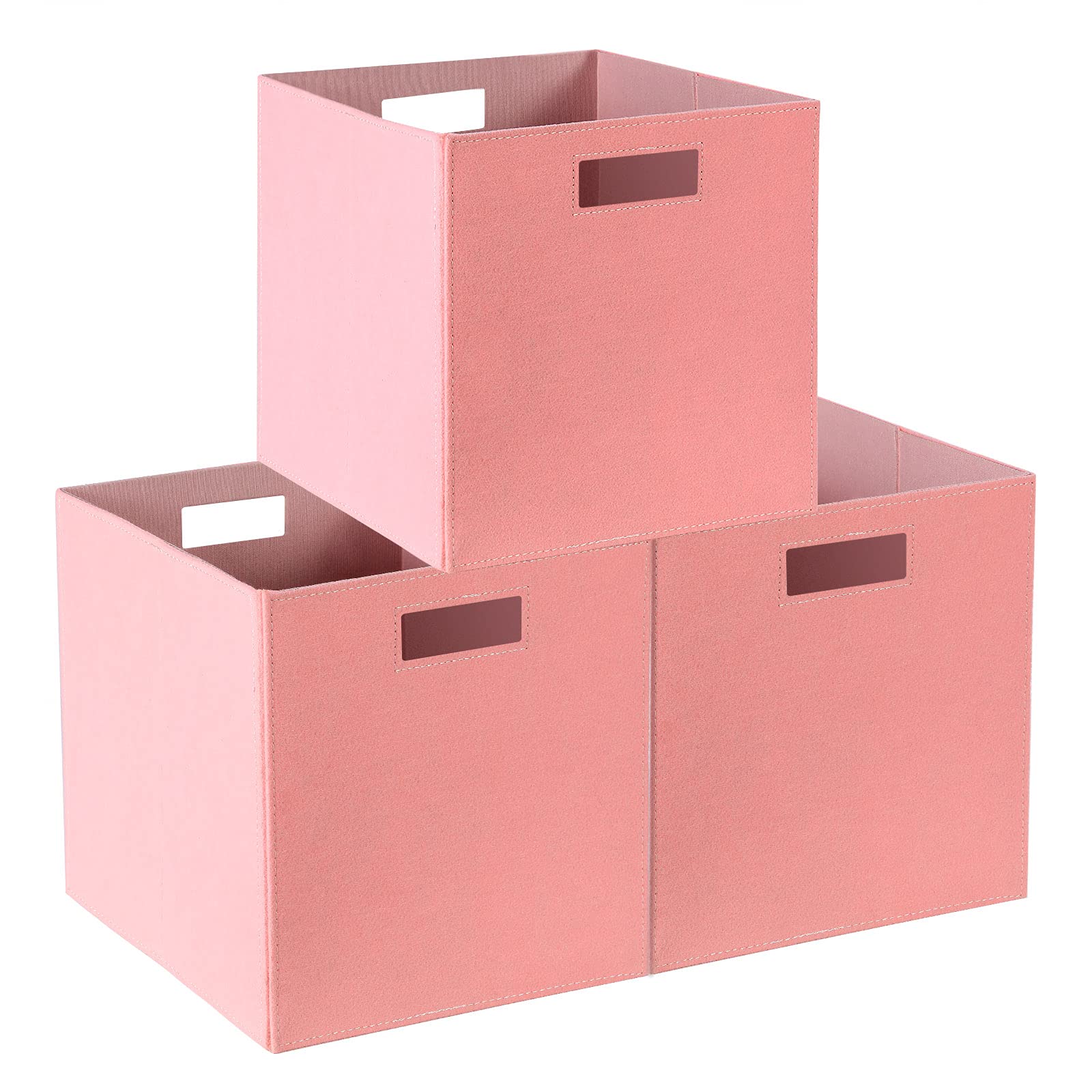 Foldable Cube Storage, 3 Packs, Collapsible Storage Bins with Dual Handles, Felt Storage Baskets for Bedroom, Playroom, Shelves, Nursery Closet Organizers 12 x 12 Inch, Pink
