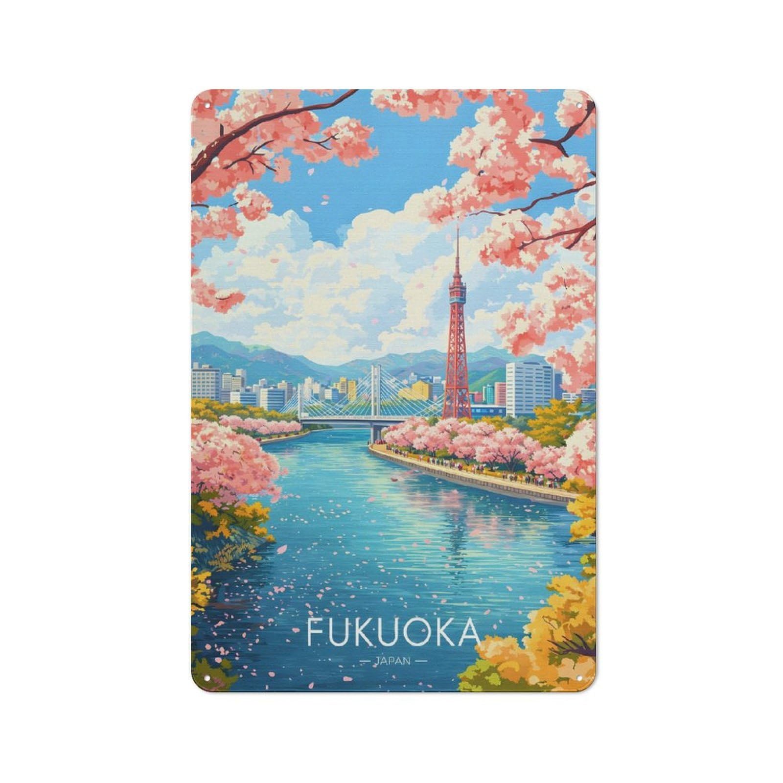 Vintage Fukuoka Cityscape with Cherry Blossoms Metal Wall Art Sign 30x20cm, Old Style Wall Plaque for Bedroom, Office, Home Bar Or Dining Room