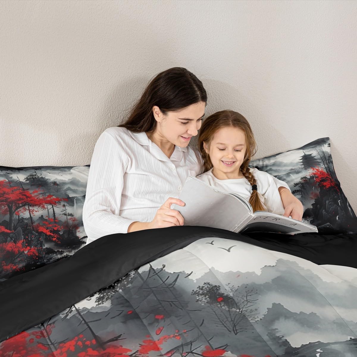 jejeloiu Japanese Bedding Set Soft for Boys Girls, Forest Comforter Set Queen Size Asian Scenic Duvet Quilt Microfiber Bedroom Decor 3 Pcs with 2 Pillow Cases