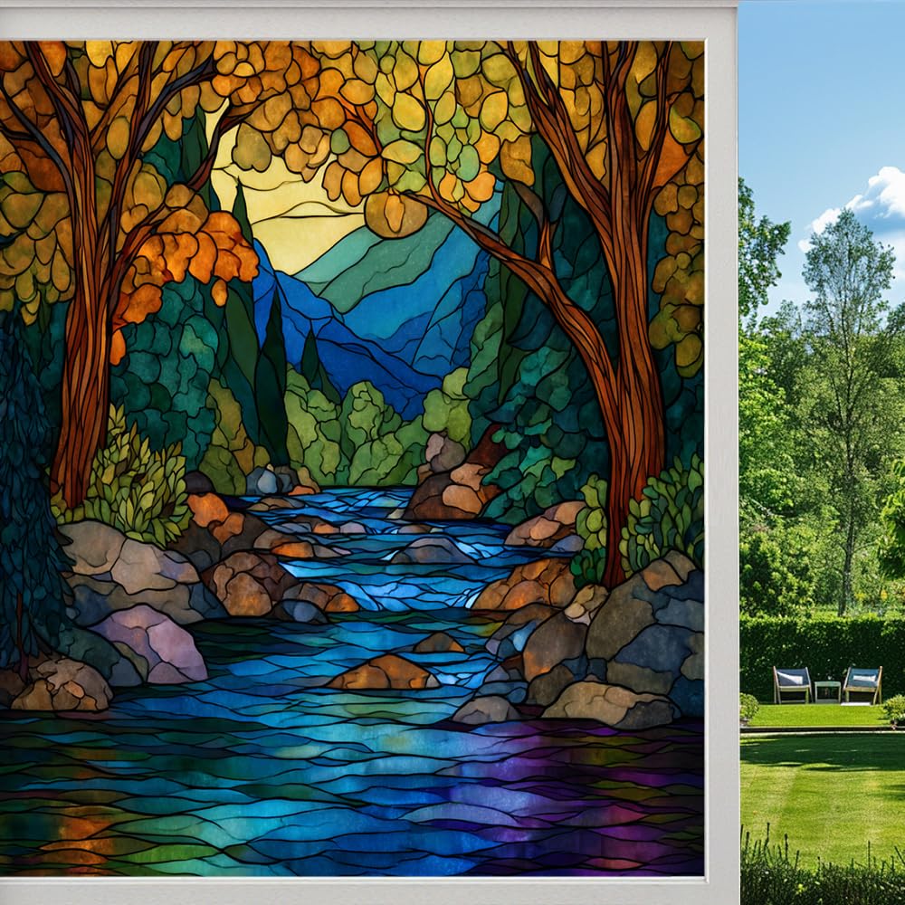 Abstract River Frosted Window Film, Nature Forest Stream Landscape Stained Glass Privacy Film, Heat Insulation Self-Adhesive Vinyl for Bathroom Office,（90x140cm）