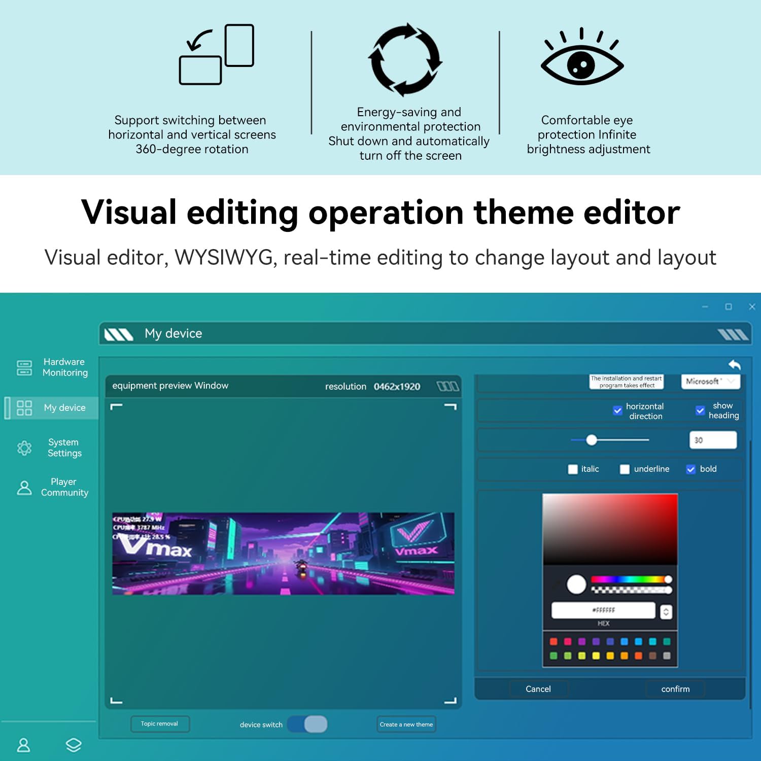 9.16" Computer Temp Monitor, FHD 1920x462 PC Sensor Panel One-... - view 5