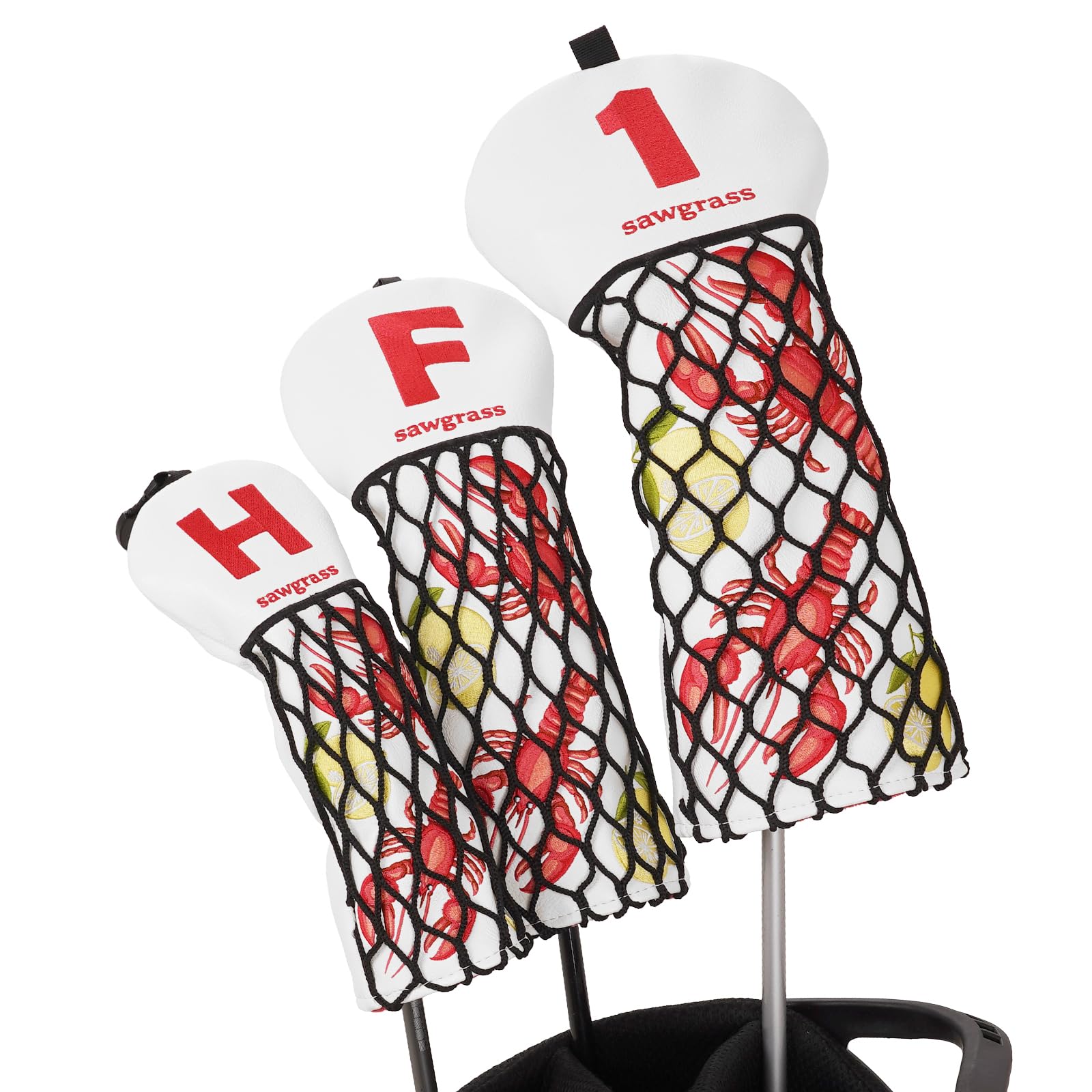 Golfschlägerhauben aus Holz für Driver/Fairway/Hybrid/(1.F.H)/Putter, weißes PU-Leder, Krebsnetz-Design