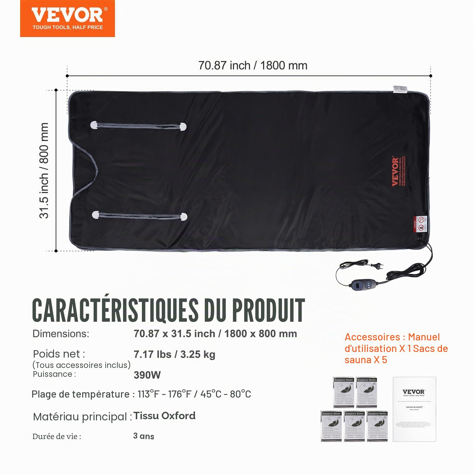 VEVOR Couverture Sauna Infrarouge Lointain Tissu Oxford 180x80 cm Température Réglable 1-6 Niveaux 45°C-80°C Minuterie 1-60 Min avec Trous de Bras