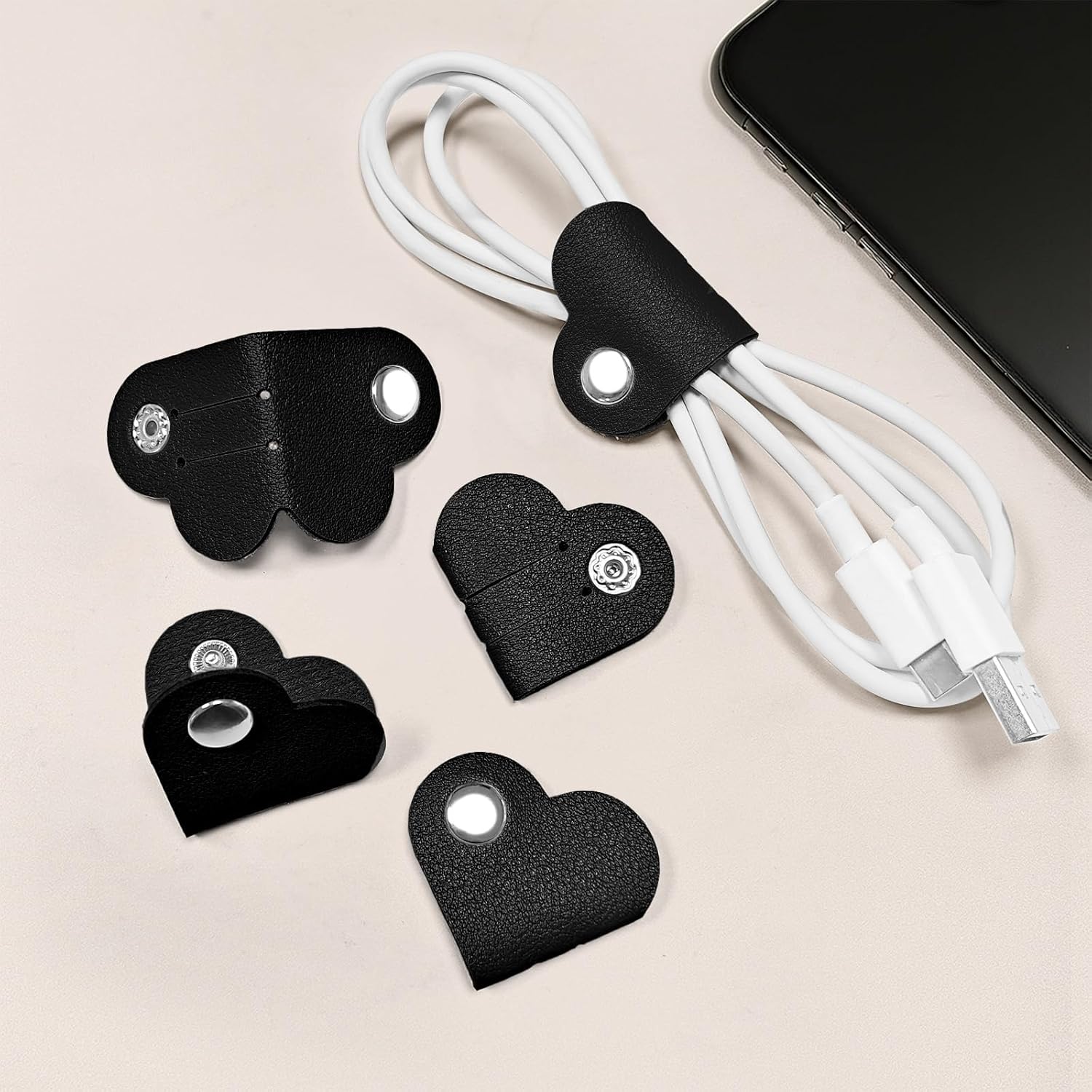 9Pcs Heart-Shaped Cable Organizer, Leather Headphone Cable tie, Wire Fixing Winding Device, Data Cable Storage Tool-Black