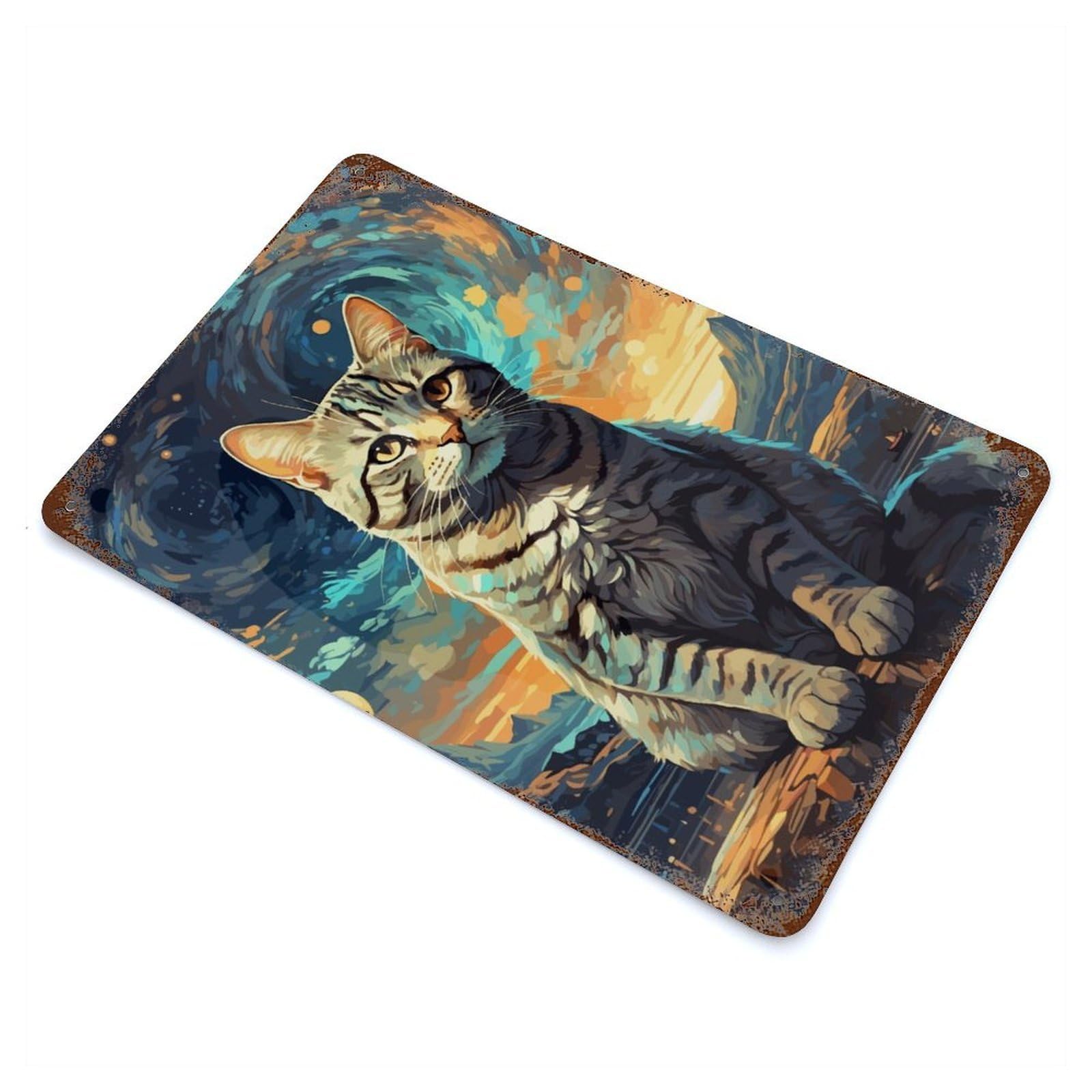 Rust Effect Cat Starry Night Distressed Metal Wall Sign 11.8"x7.9", Farmhouse Wall Decor for Office, Studio And Wall Decor