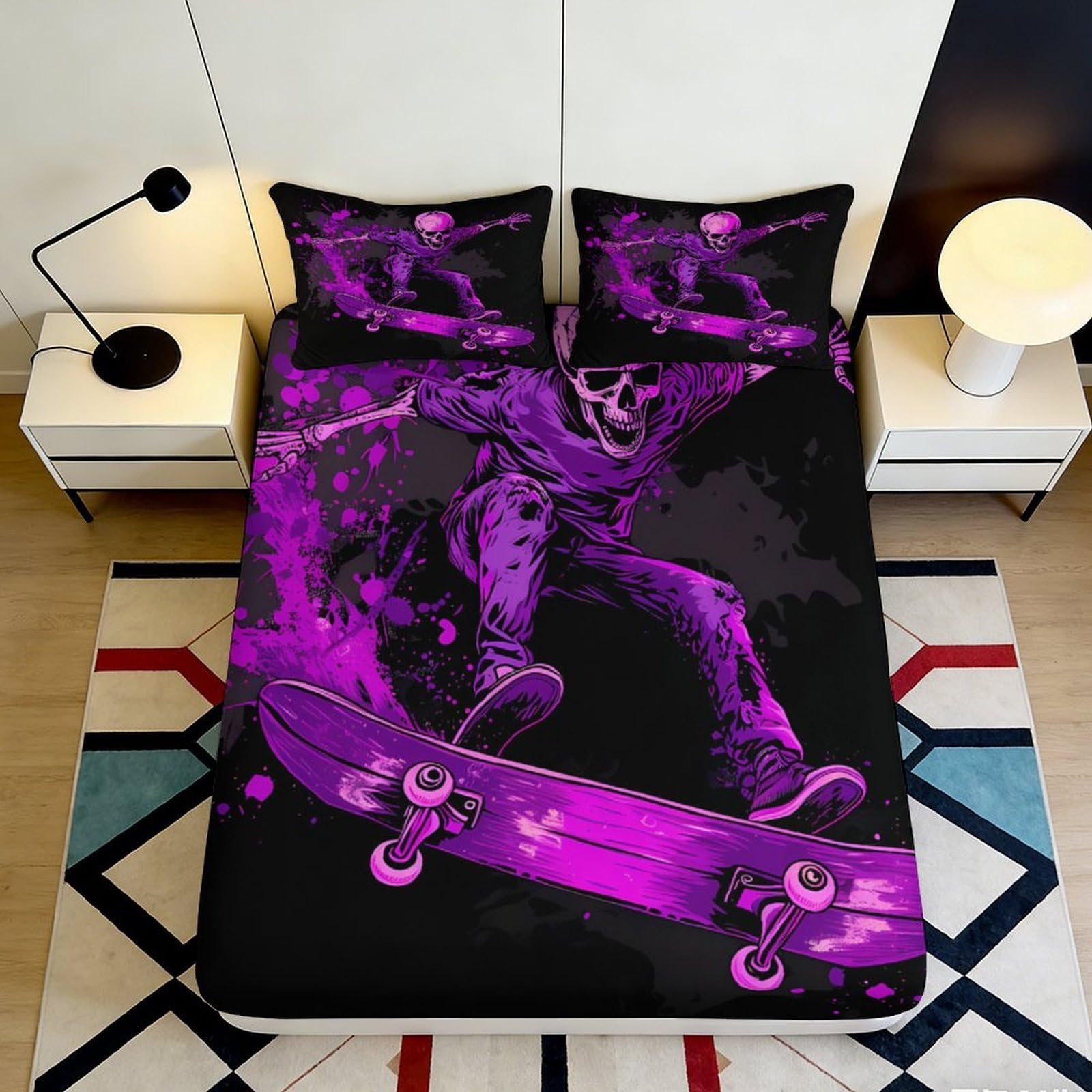 3D Printed Purple Skateboard Fitted Sheet Microfiber Soft Breathable Graffiti Bed Cover for Bedroom Decor 90x200x25cm